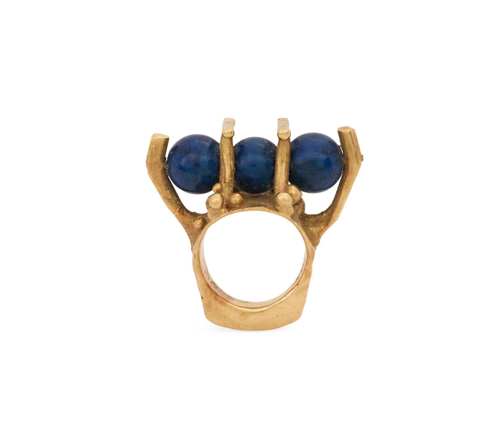Unusual Lapis Lazuli Ring: Unusual Lapis Lazuli Ring 18k yellow gold, the ring mounted with three 9.50mm lapis lazuli beads in a bold modern art mounting. size 6-1/2, total weight 26.8 grams Provenance: Estate of Marie Bel Fay