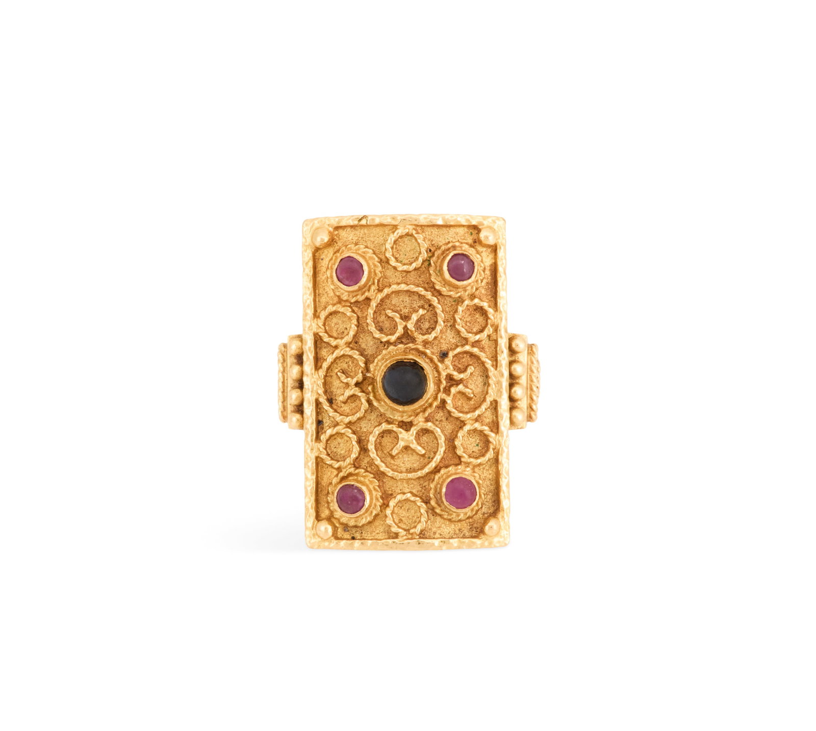 Ruby and Sapphire Ring: Ruby and Sapphire Ring 18k yellow gold, the filigree-designed ring mounted with round sapphire and ruby cabochons weighing approximately 0.40 carats in total. size 6, total weight 17.8 grams Provenanc