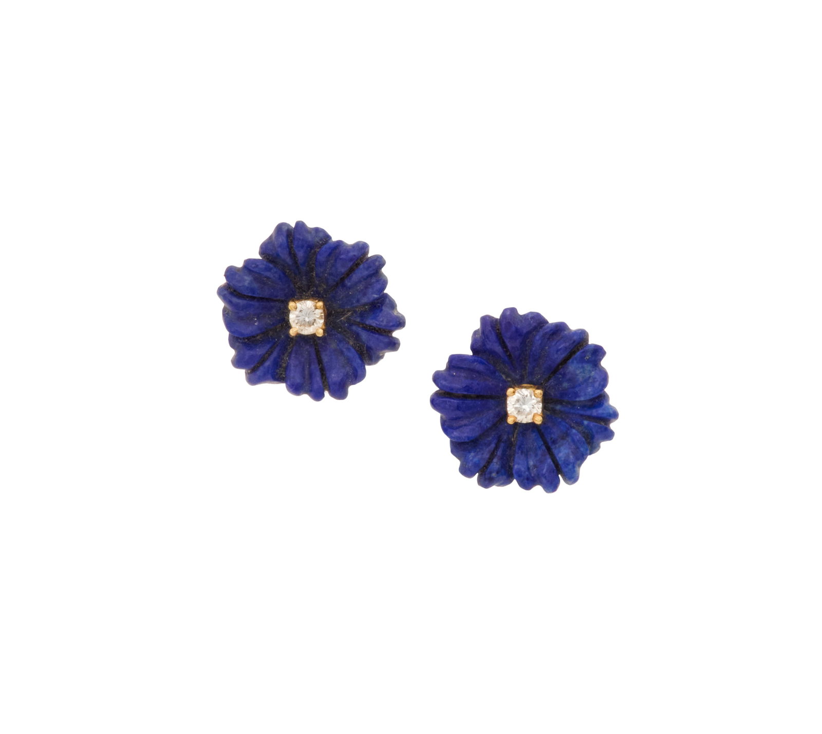 Pair of Paloma Picasso Lapis and Diamond Earrings: Pair of Tiffany & Co. Paloma Picasso Lapis and Diamond Earrings 18k yellow gold, the carved lapis lazuli earrings mounted with round brilliant-cut diamonds weighing approximately 0.14 carats in
