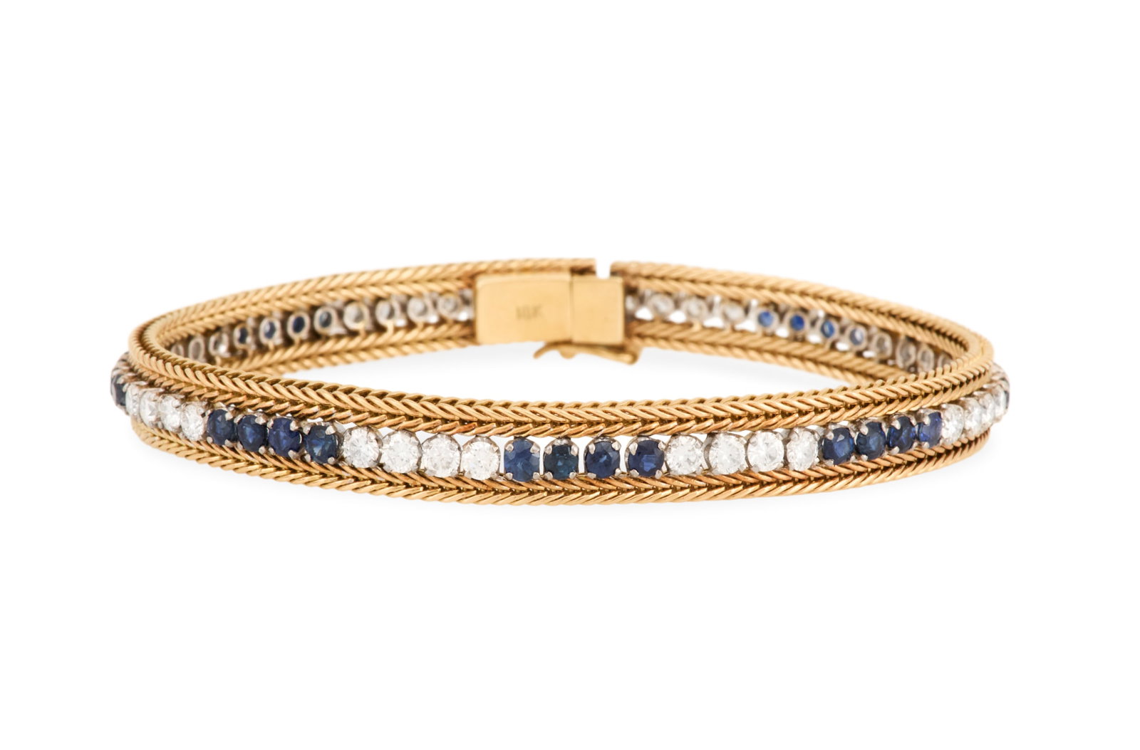 Sapphire and Diamond Bracelet: Sapphire and Diamond Bracelet 18k yellow gold, the bracelet mounted with round-cut sapphires weighing approximately 2.24 carats in total and round brilliant-cut diamonds weighing approximately 2.24