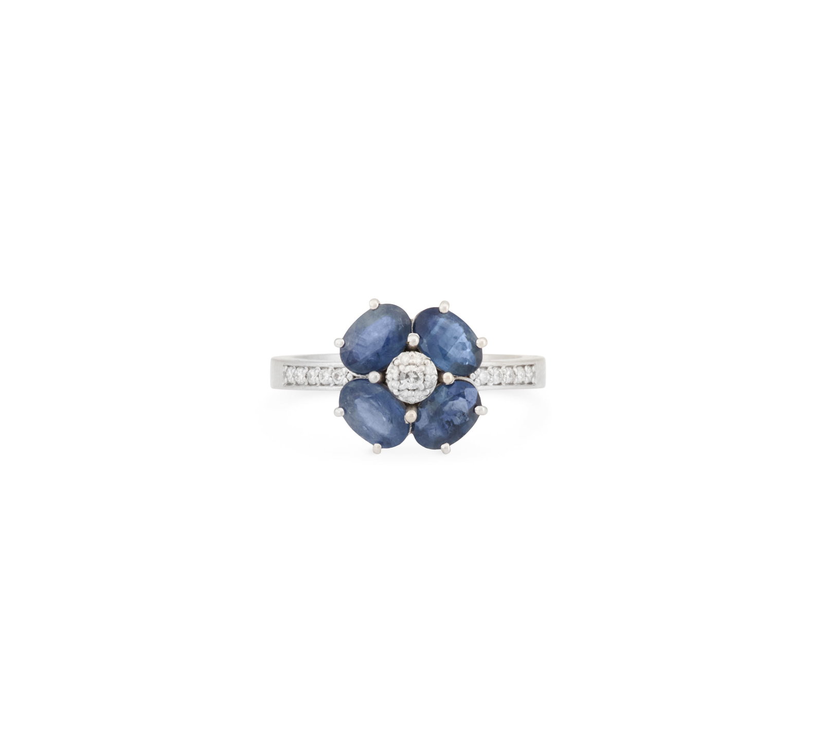 Sapphire and Diamond Ring: Sapphire and Diamond Ring 14k white gold, the ring mounted with oval-cut sapphires weighing approximately 2.00 carats in total, accented by round brilliant-cut diamonds weighing approximately 0.15
