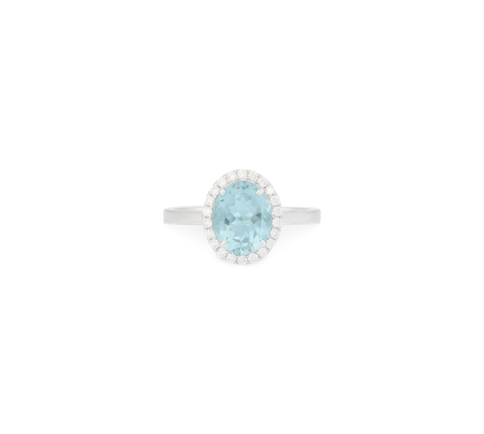 Aquamarine and Diamond Ring: Aquamarine and Diamond Ring 18k white gold, the ring mounted with an oval-cut aquamarine weighing approximately 1.78 carats, accented by round brilliant-cut diamonds weighing approximately 0.44