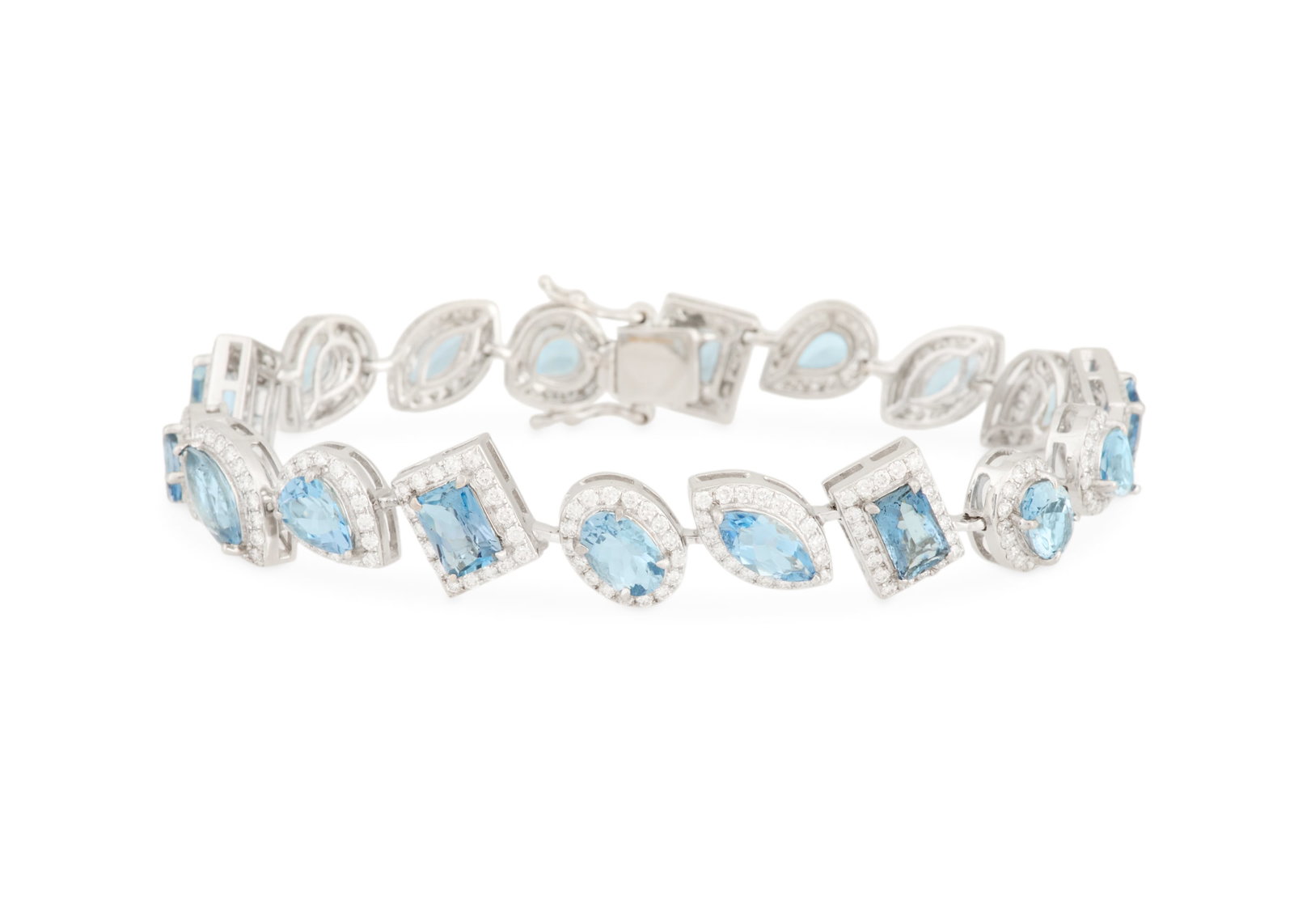 Aquamarine and Diamond Bracelet: Aquamarine and Diamond Bracelet 18k white gold, the bracelet mounted with pear-, marquise- and rectangular-cut aquamarines weighing approximately 7.38 carats in total, accented by round brilliant-cut 