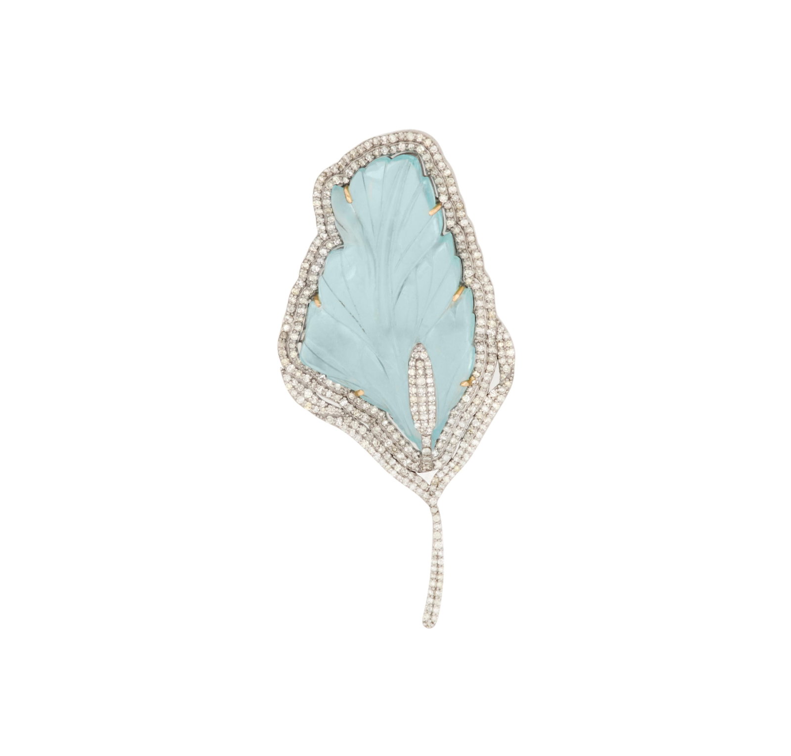 Carved Aquamarine and Diamond Leaf Brooch: Carved Aquamarine and Diamond Leaf Brooch 14k yellow gold/sterling silver, the brooch mounted with a freeform carved aquamarine weighing approximately 36.30 carats, accented by round brilliant-cut