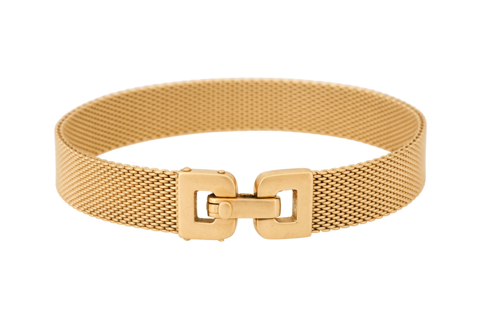 Tiffany & Co. Buckle Bracelet: Tiffany & Co. Buckle Bracelet 18k yellow gold, the bracelet with a buckle-style clasp, stamped "T & Co. 750". l. 7-1/8", total weight 26.3 grams Provenance: Estate of Marie Bel Fay Evnochides,