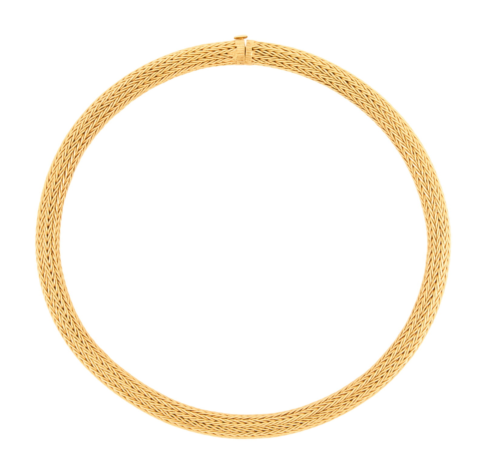 Greek Gold Necklace: Greek Gold Necklace 18k yellow gold, the necklace composed of a braided tube. l. 15-1/2", total weight 89.5 grams Provenance: Estate of Marie Bel Fay Evnochides, Houston, Texas. Proceeds from the sale