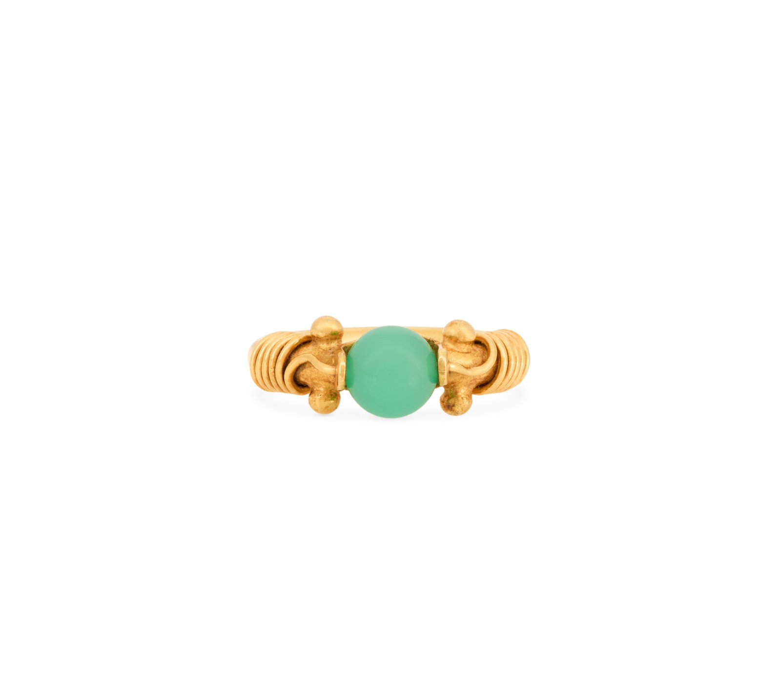 Chrysoprase Ring: Chrysoprase Ring 18k yellow gold, the ring mounted with an 8.00mm round chrysoprase, in a twisted gold ring shank. size 6-1/4, total weight 13.6 grams Provenance: Estate of Marie Bel Fay Evnochides, H