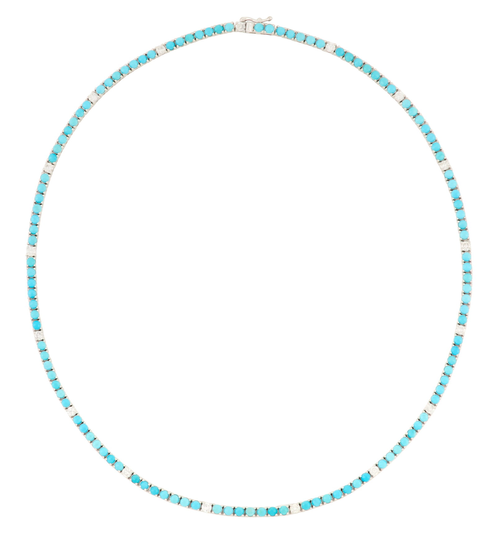 Turquoise and Diamond Necklace: Turquoise and Diamond Necklace 14k white gold, the necklace mounted with round-cut turquoise cabochons weighing approximately 9.00 carats in total, accented by round brilliant-cut diamonds weighing