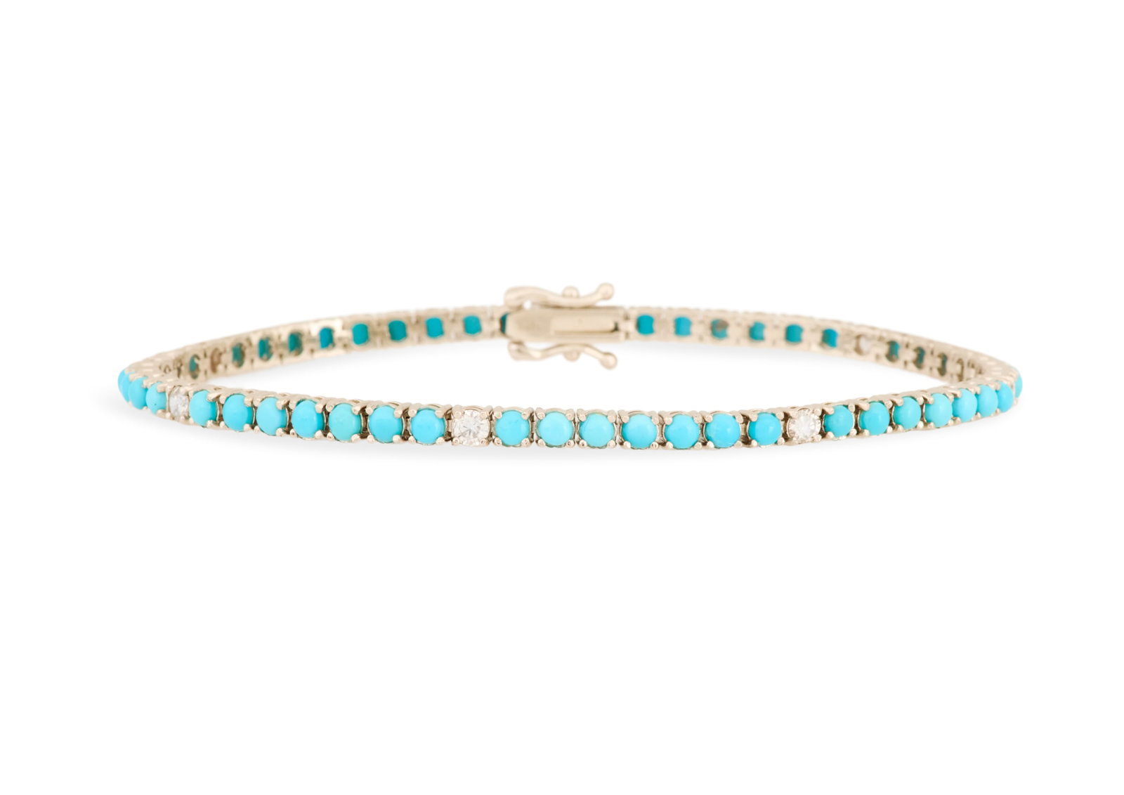 Turquoise and Diamond Bracelet: Turquoise and Diamond Bracelet 14k white gold, the bracelet mounted with round turquoise cabochons weighing approximately 3.00 carats in total, accented by round brilliant-cut diamonds weighing