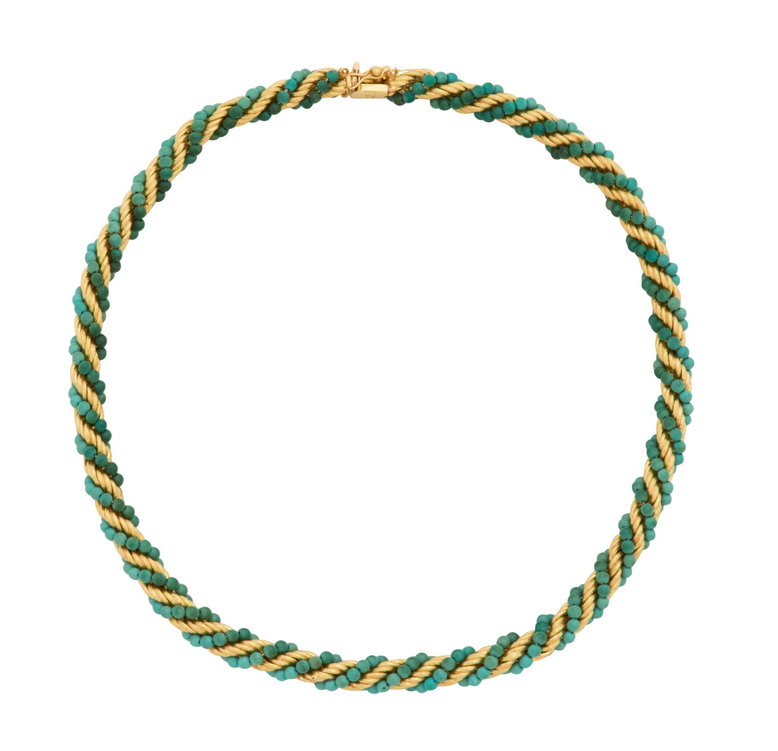 Tiffany & Co. Turquoise and Gold Necklace: Tiffany & Co. Turquoise and Gold Necklace 18k yellow gold, the necklace composed of twisted strands of turquoise and gold beads, stamped "TIFFANY". l. 17", total weight 38.8 grams Provenance: Estate o