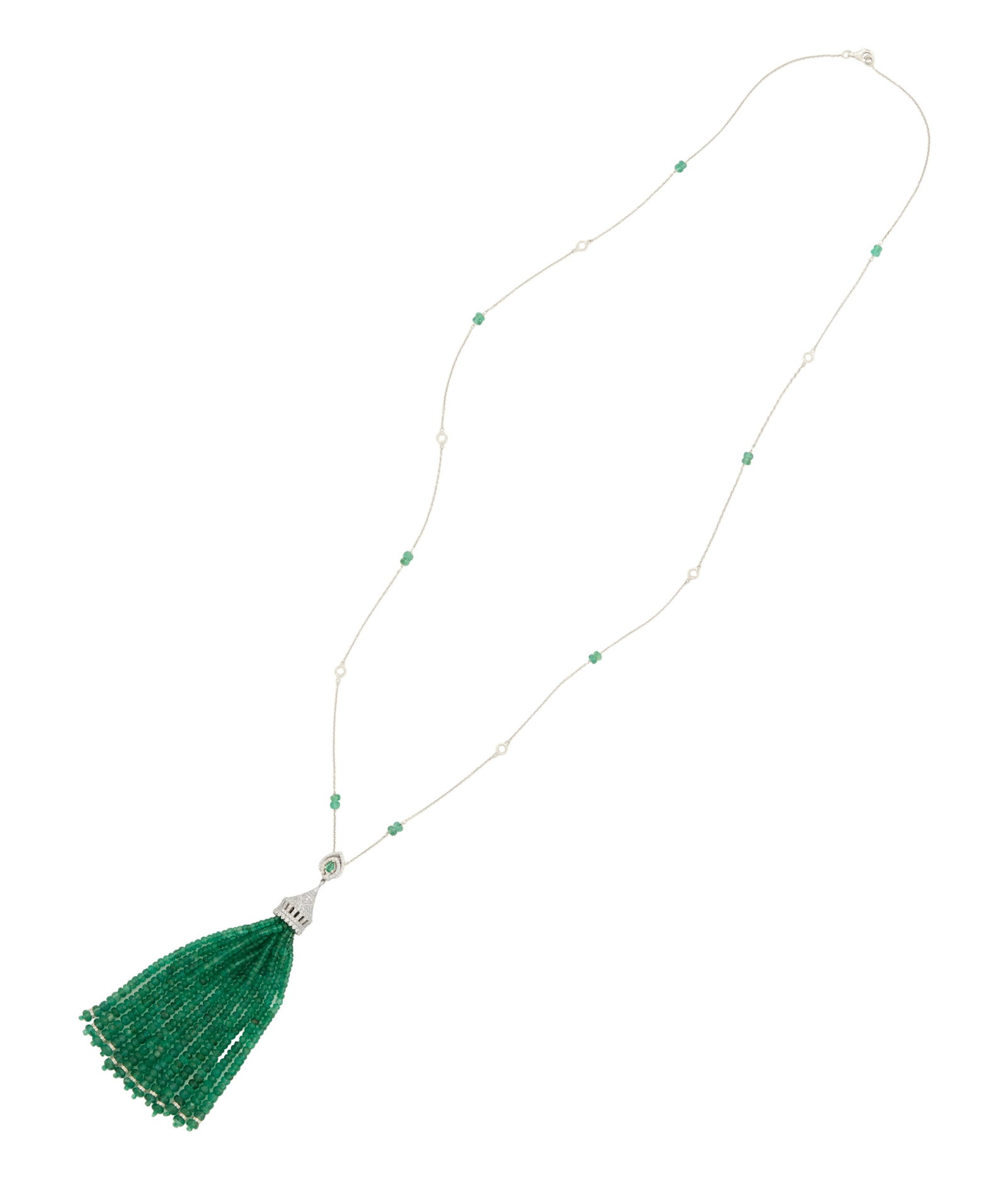 Convertible Emerald and Diamond Tassel Necklace: Convertible Emerald and Diamond Tassel Necklace 18k white gold, the removable tassel pendant composed of multiple strands of emerald roundels and a pear-shaped emerald, accented by round