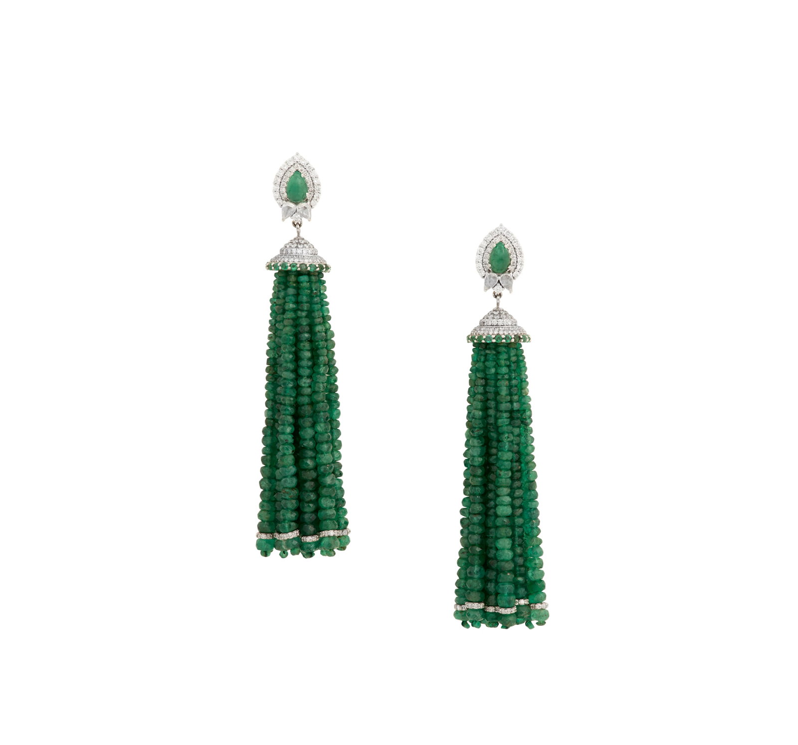 Pair of Emerald and Diamond Tassel Earrings: Pair of Emerald and Diamond Tassel Earrings 18k white gold, the earrings mounted with cabochon-, round- and roundel-cut emeralds weighing approximately 85.18 carats in total, accented by round
