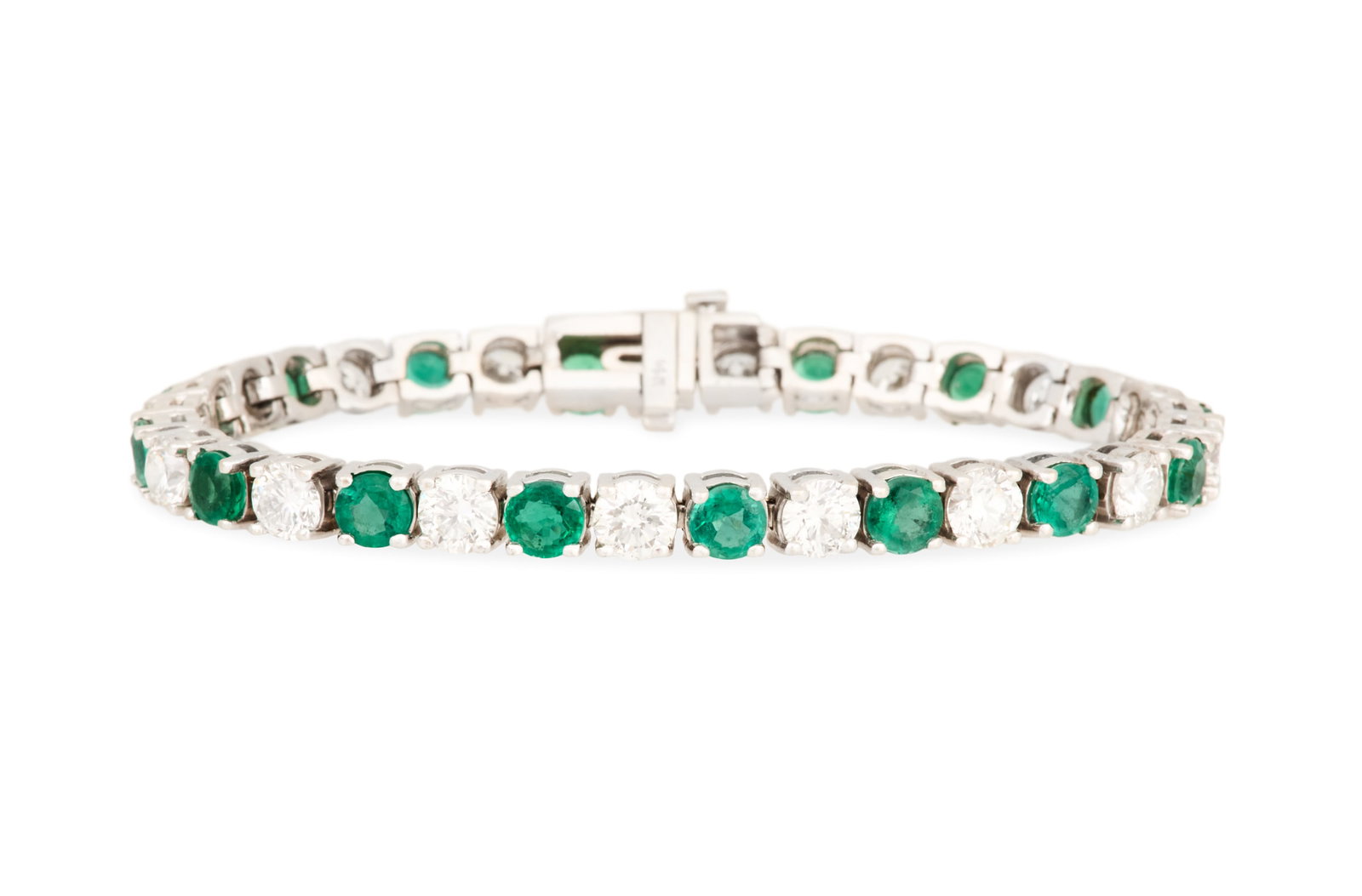 Beautiful Emerald and Diamond Bracelet: Beautiful Emerald and Diamond Bracelet 14k white gold, the bracelet mounted with round-cut emeralds weighing approximately 6.10 carats in total and round brilliant-cut diamonds weighing approximately 