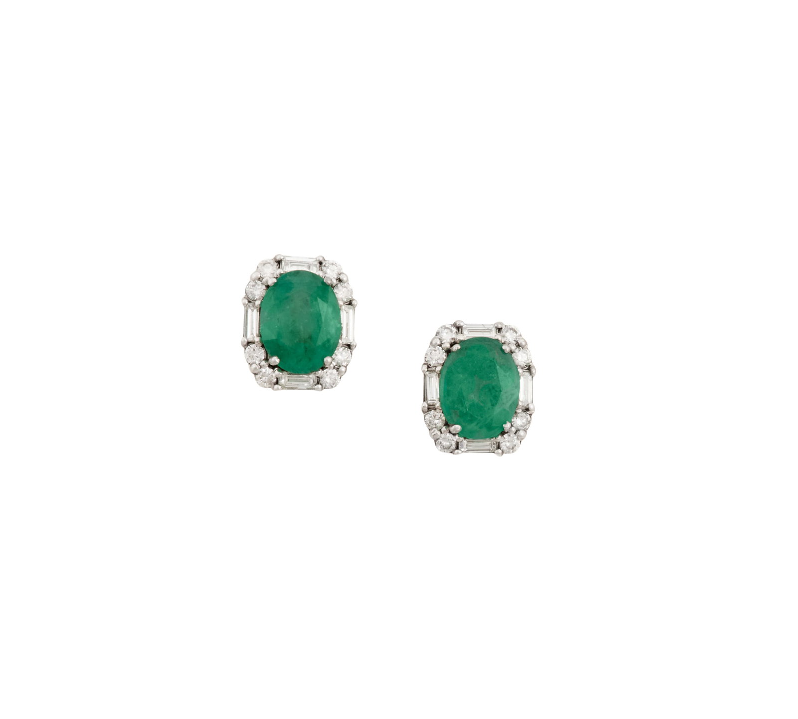 Pair of Emerald and Diamond Earrings: Pair of Emerald and Diamond Earrings 14k white gold, the earrings mounted with oval-cut emeralds weighing approximately 3.65 carats in total, accented by round brilliant-cut diamonds weighing approxim