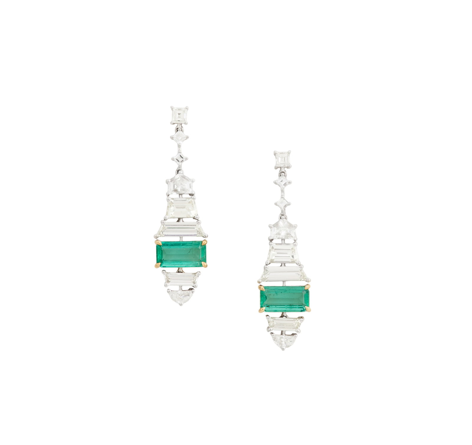 Pair of Emerald and Diamond Earrings: Pair of Emerald and Diamond Earrings 14k white gold, the earrings mounted with emerald-cut emeralds weighing approximately 2.54 carats in total, accented by baguette-cut, shield-cut and half-moon-cut