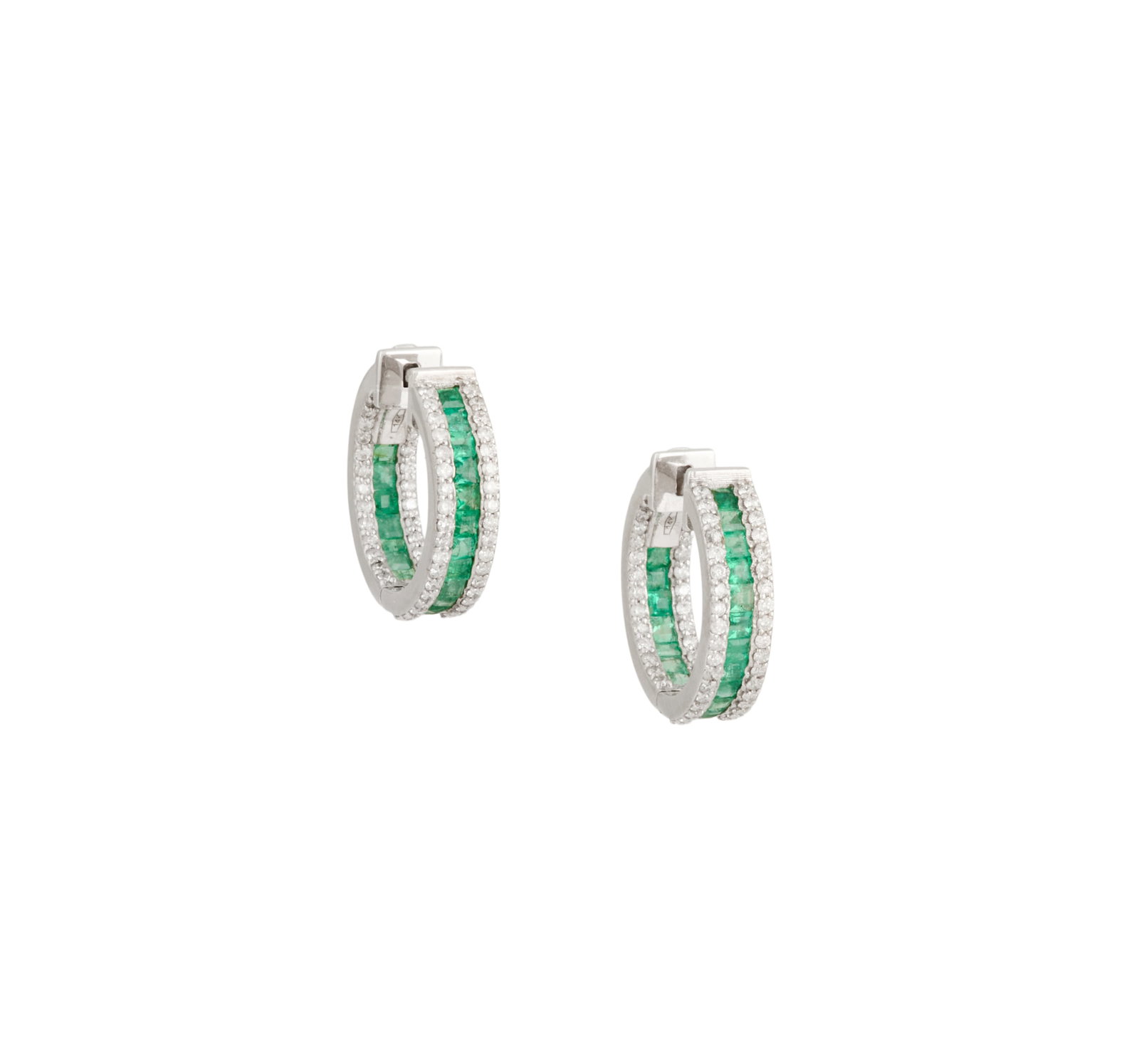 Pair of Emerald and Diamond Huggies: Pair of Emerald and Diamond Huggies 14k white gold, the huggies mounted with square-cut emeralds weighing approximately 0.90 carats in total, accented by round brilliant-cut diamonds weighing