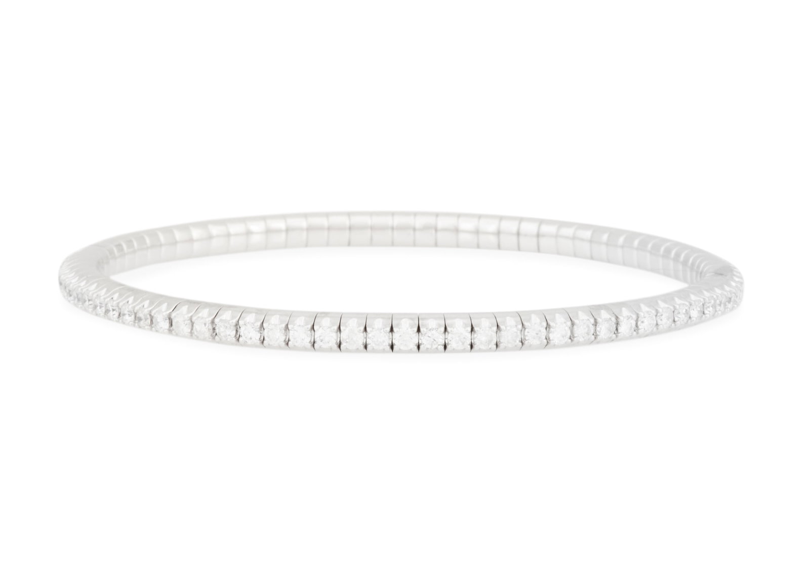 Diamond Stretch Bracelet: Diamond Stretch Bracelet 14k white gold, the bracelet mounted with round brilliant-cut diamonds weighing approximately 2.70 carats in total. adjustable inside circumference 6-1/2" to 8", total weight