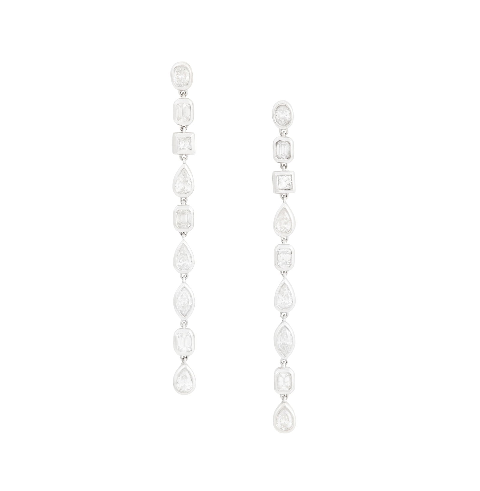 Pair of Diamond Dangle Earrings: Pair of Diamond Dangle Earrings 18k white gold, the earrings mounted with oval-, emerald-, pear- and marquise-cut diamonds weighing approximately 1.70 carats in total. l. 2", total weight 4.5 grams