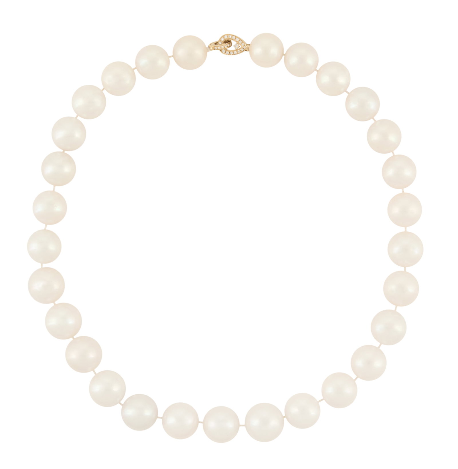 Diamond and Pearl Necklace: Diamond and Pearl Necklace 14k yellow gold, the necklace composed of white cultured pearls with a very good luster, measuring approximately 13.30mm to 13.80mm, finished with a gold clasp mounted with
