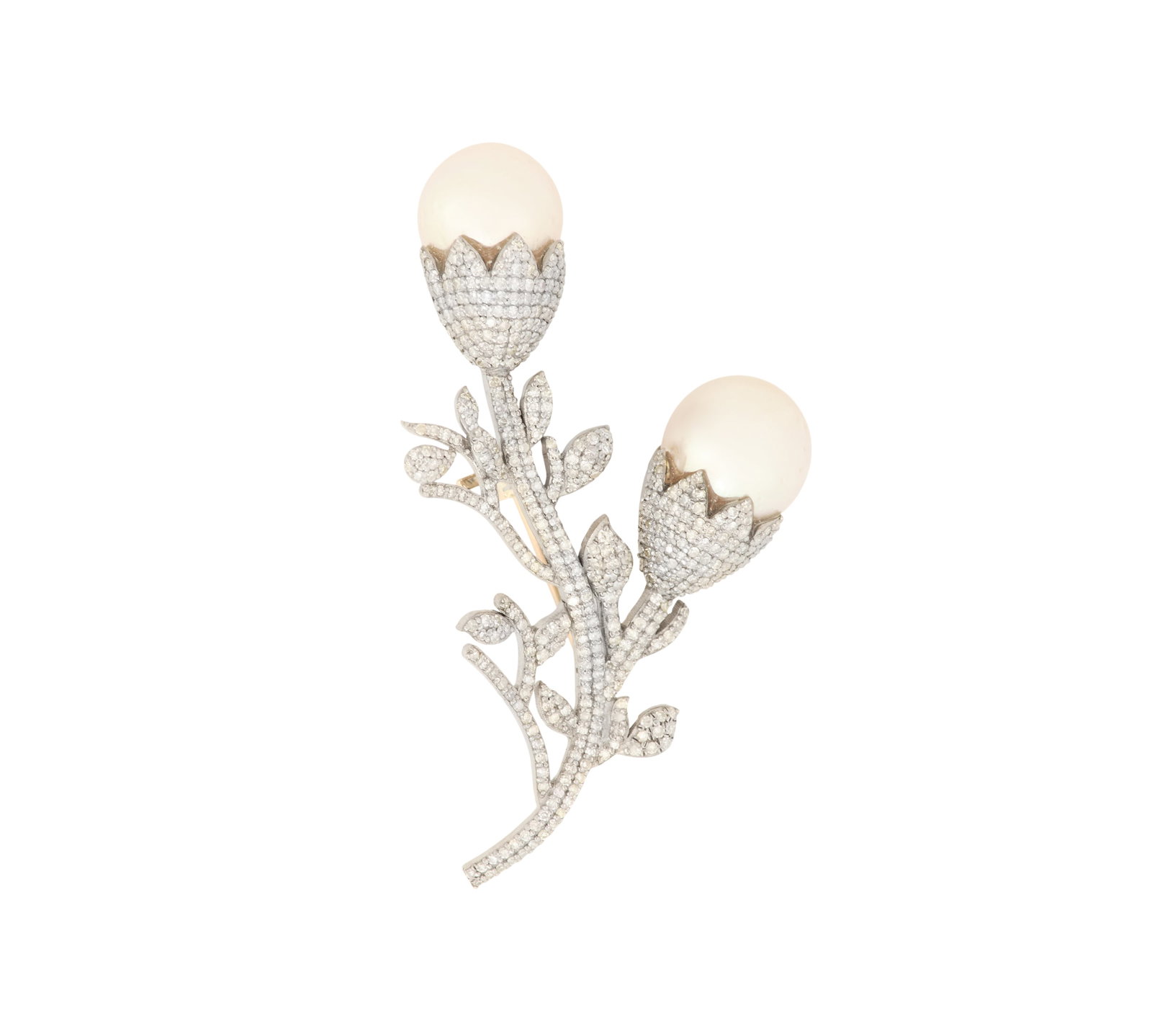 Diamond and Pearl Brooch: Diamond and Pearl Brooch 14k yellow gold/sterling silver, the brooch mounted with cream-colored cultured pearls measuring approximately 11.00mm in diameter, accented by round brilliant-cut diamonds