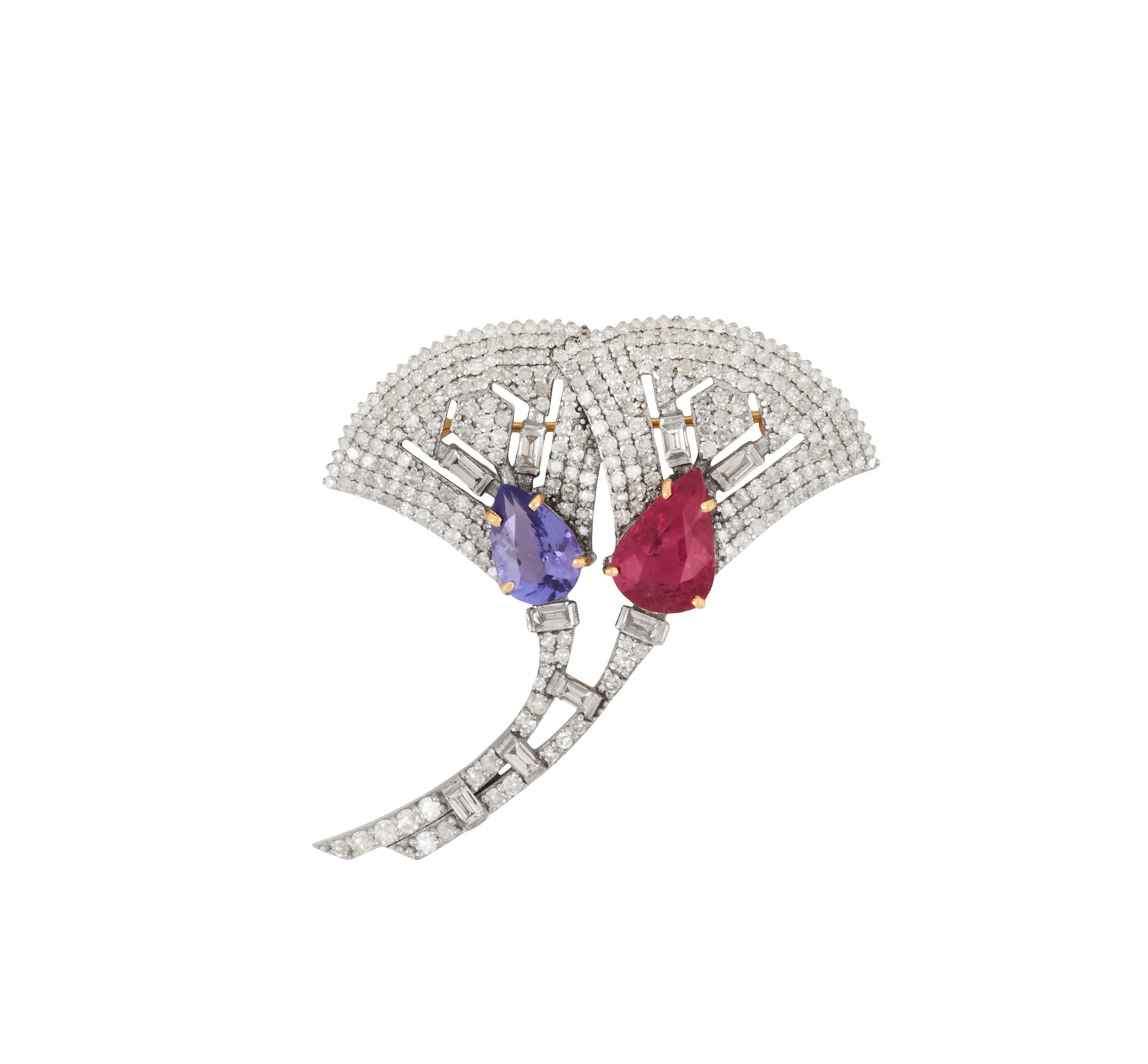 Tourmaline, Tanzanite and Diamond Flower Brooch: Tourmaline, Tanzanite and Diamond Flower Brooch 14k yellow gold/sterling silver, the brooch mounted with a pear-cut tourmaline weighing approximately 3.12 carats, and a pear-cut tanzanite weighing