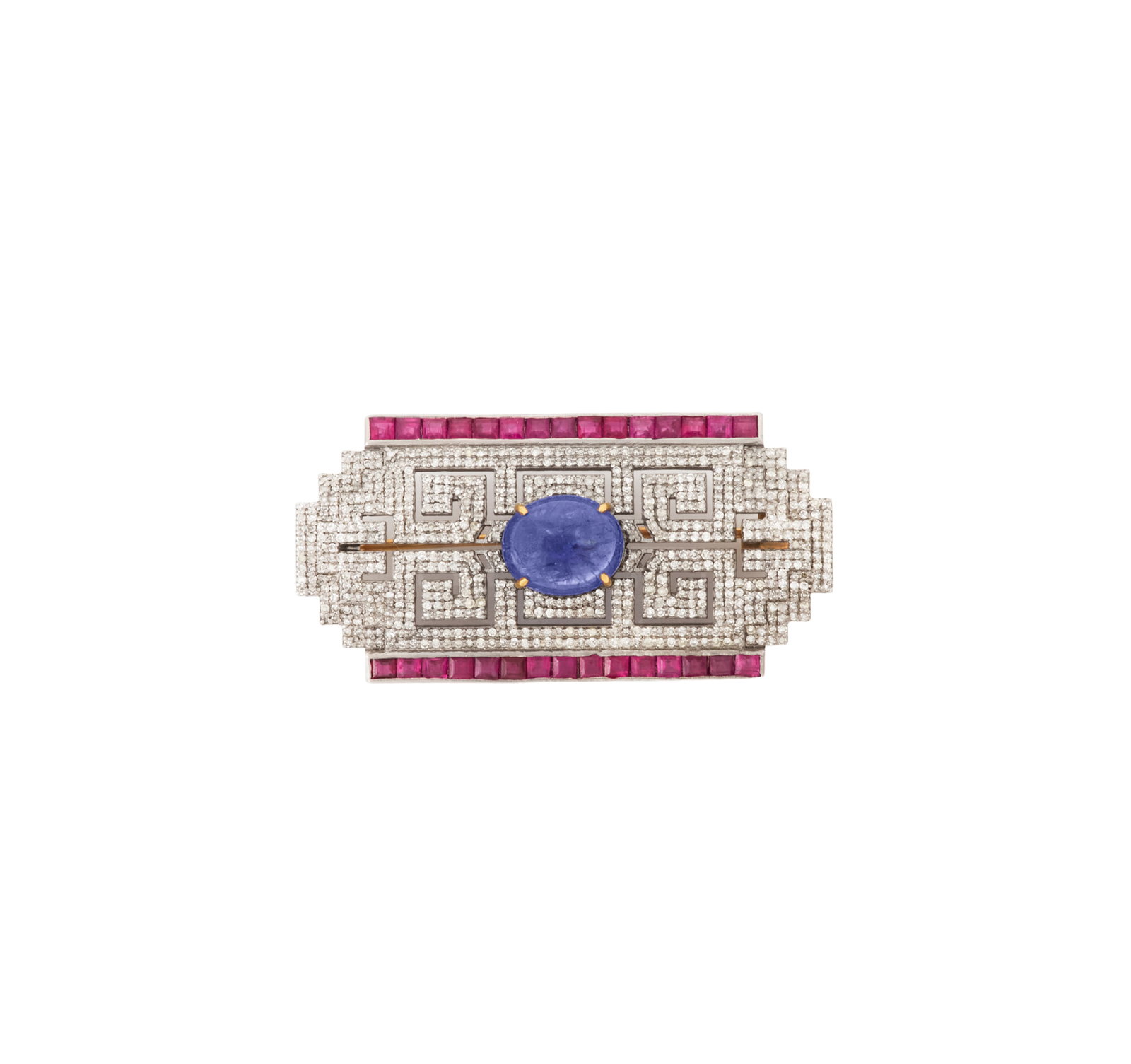 Tanzanite, Diamond and Ruby Brooch: Tanzanite, Diamond and Ruby Brooch 14k yellow gold/sterling silver, the brooch mounted with a cabochon-cut tanzanite weighing approximately 5.77 carats, accented by round brilliant-cut diamonds weighi