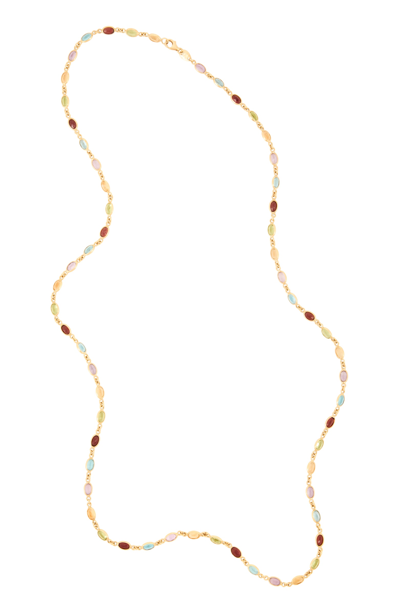 Gem-Set Necklace: Gem-Set Necklace 18k yellow gold, the necklace mounted with oval-cut citrines, garnets, amethysts and topaz weighing approximately 12.00 carats in total. l. 28", total weight 17.6 grams Provenance: Es