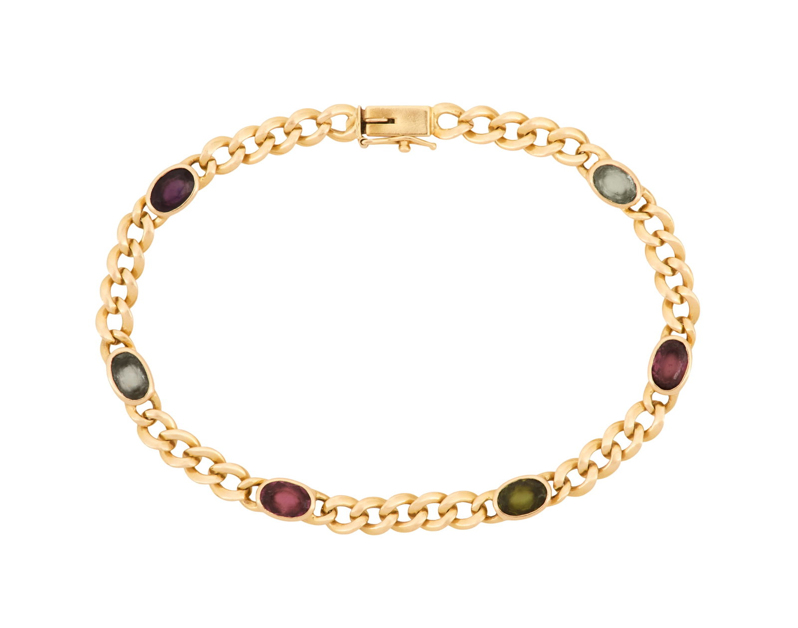 Gem-Set Bracelet: Gem-Set Bracelet 18k yellow gold, the bracelet mounted with oval-cut garnets, tourmalines and topaz weighing approximately 3.00 carats in total. l. 7", total weight 9.7 grams Provenance: Estate of