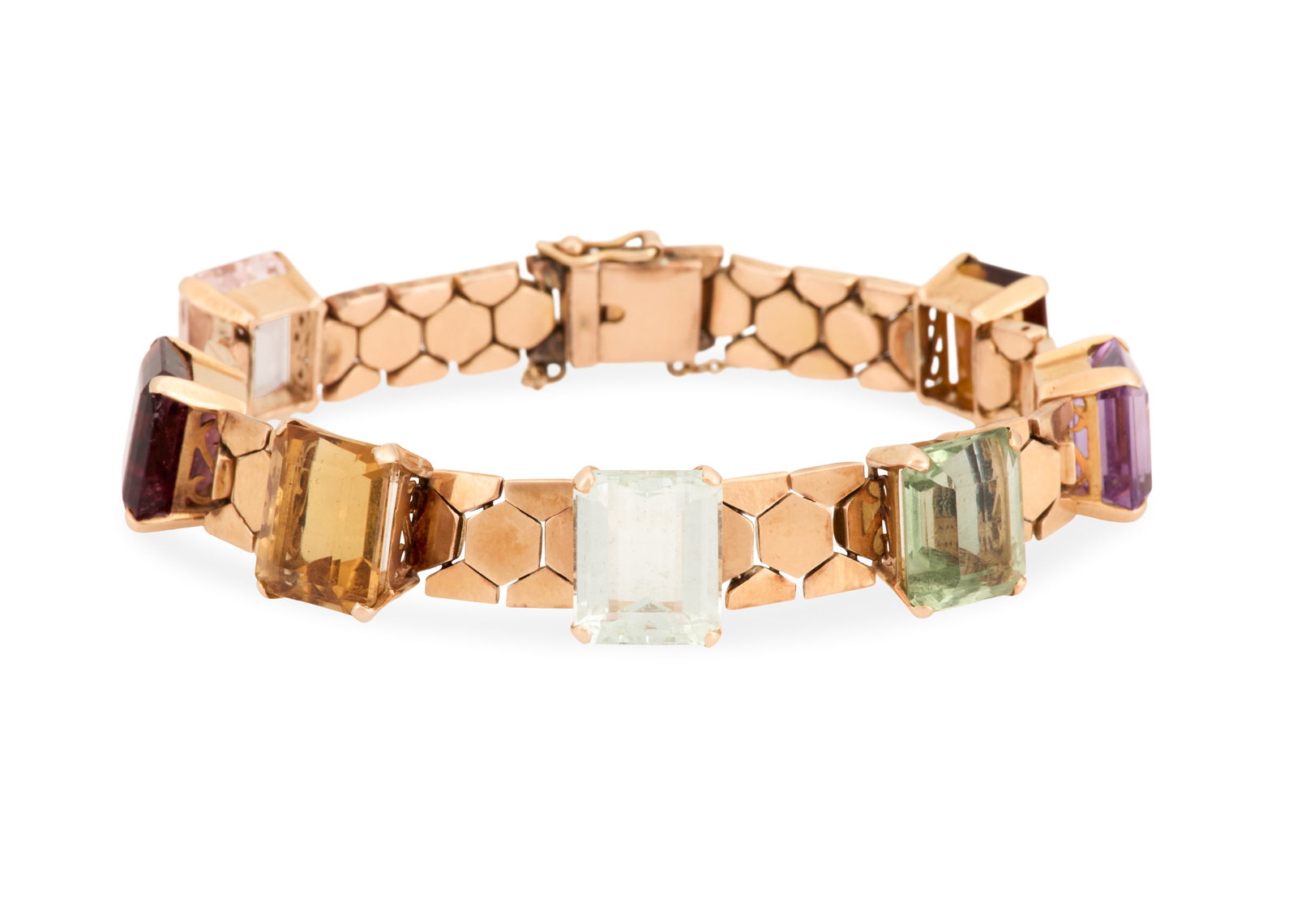 Gem-Set Bracelet: Gem-Set Bracelet 18k yellow gold, the octagonal-link gold bracelet mounted with a variety of emerald-cut stones, including two citrines, an amethyst, a peridot, a garnet, a morganite and a topaz, weig