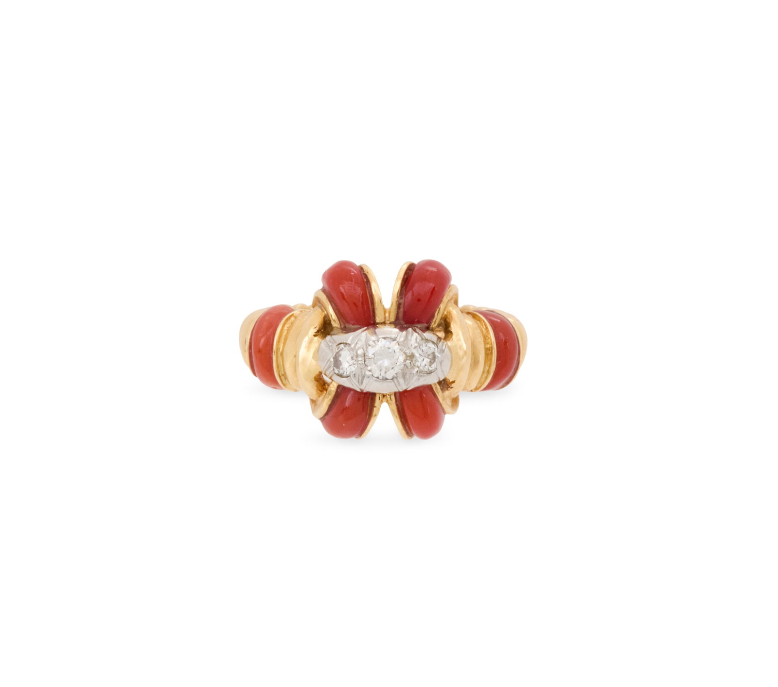Tiffany and Co. Coral and Diamond Ring: Tiffany and Co. Coral and Diamond Ring 18k yellow gold, the ring mounted with round brilliant-cut diamonds weighing approximately 0.20 carats in total, accented by coral, stamped "TIFFANY", with a blu