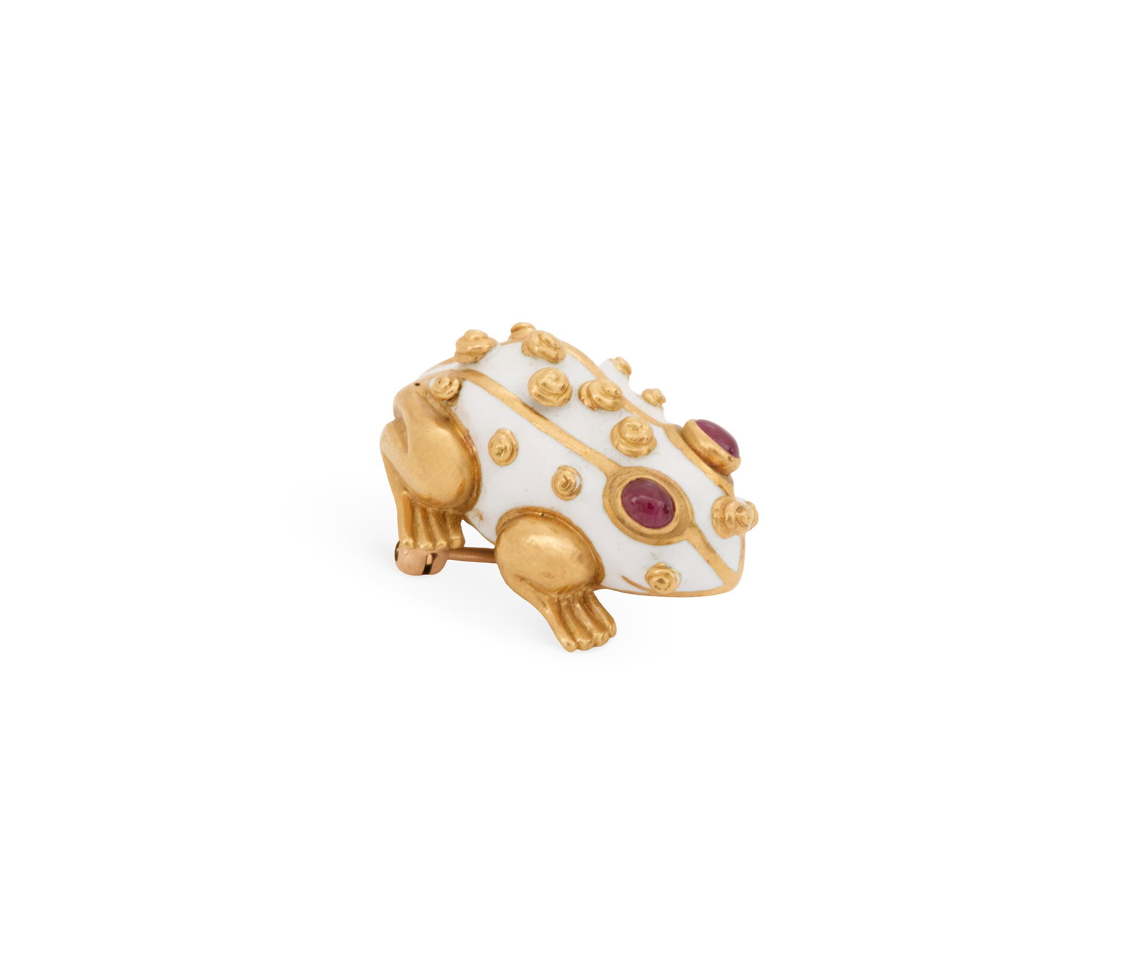 David Webb Enamel Frog Brooch: David Webb Enamel Frog Brooch 18k yellow gold, the brooch in the form of a frog with oval ruby cabochon eyes weighing approximately 0.20 carats in total, stamped "WEBB 18K". size 1/2" x 1", total weig