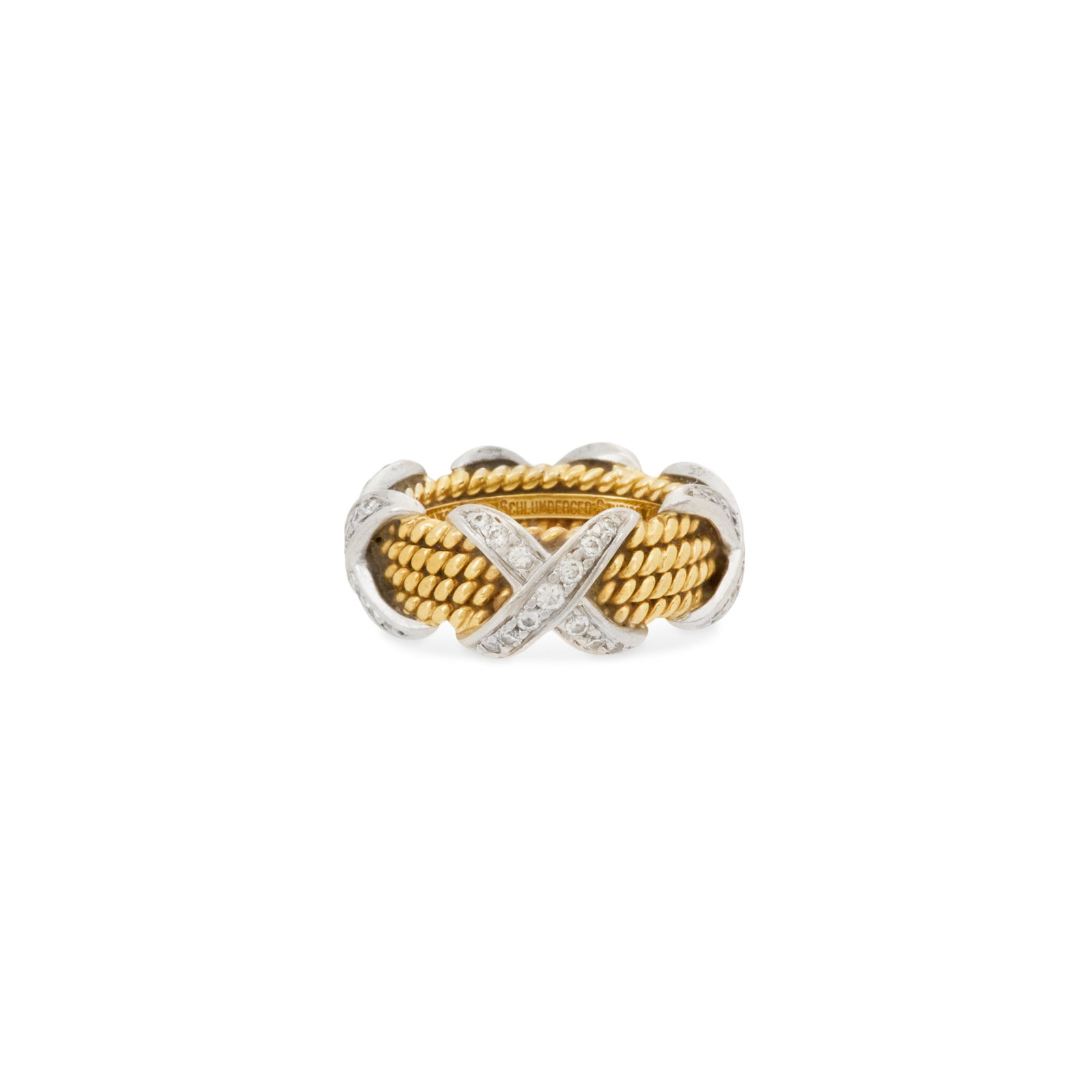Tiffany & Co. Schlumberger Diamond "X" Ring: Tiffany & Co. Schlumberger Diamond "X" Ring 18k yellow gold/platinum, the ring mounted with round brilliant-cut diamonds weighing approximately 0.56 carats in total, stamped "TIFFANY & CO. SCHLUMBERGE
