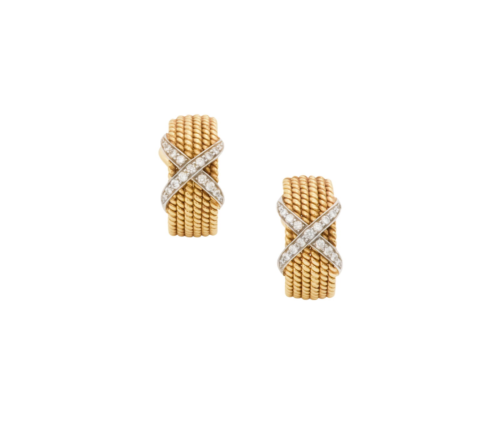 Tiffany & Co. Schlumberger Diamond "X" Ear Clips: Tiffany & Co. Schlumberger Diamond "X" Ear Clips 18k yellow gold/platinum, the ear clips mounted with round brilliant-cut diamonds weighing approximately 0.66 carats in total, stamped "TIFFANY & CO. S