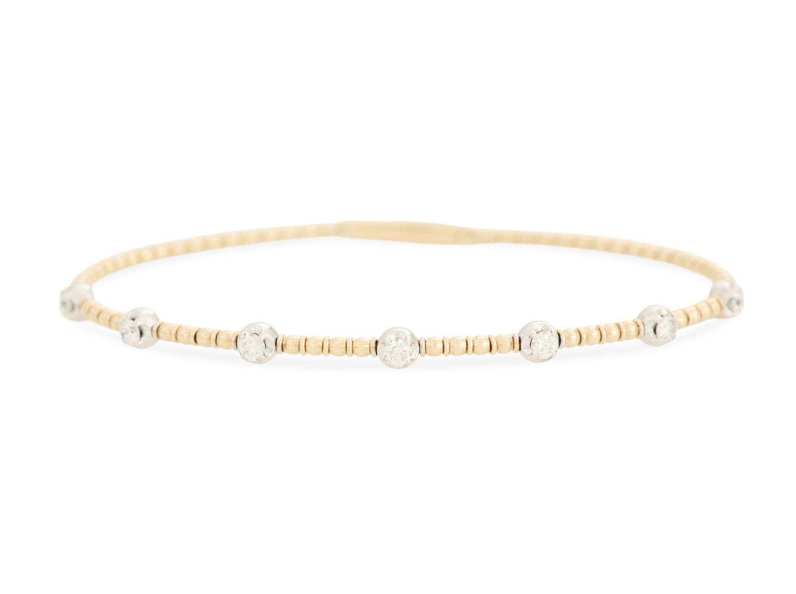 Diamond Bangle Bracelet: Diamond Bangle Bracelet 14k yellow gold, the bracelet mounted with round brilliant-cut diamonds weighing approximately 0.50 carats in total. inside circumference 6-1/2", total weight 4.8 grams