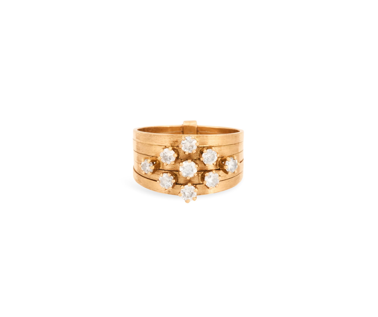 Diamond Band: Diamond Band 18k yellow gold, in the form of stacked bands, mounted with round brilliant-cut diamonds weighing approximately 0.90 carats in total. size 6-3/4, total weight 6.8 gams