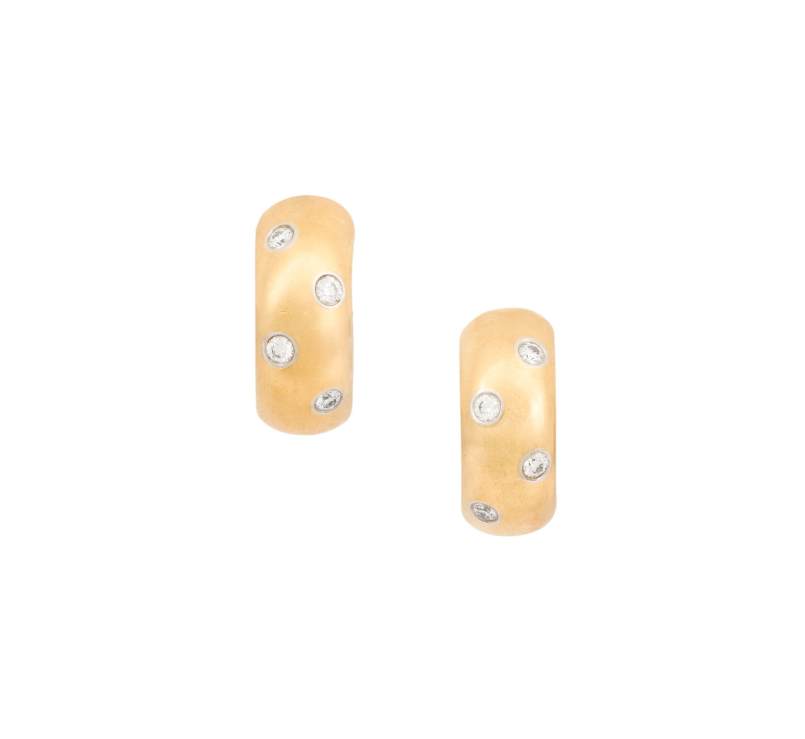 Pair of Tiffany & Co. Diamond Huggies: Pair of Tiffany & Co. Diamond Huggies 18k yellow gold, the huggies mounted with round brilliant-cut diamonds weighing approximately 0.32 carats in total, stamped "TIFFANY & CO. 950 PT950", together