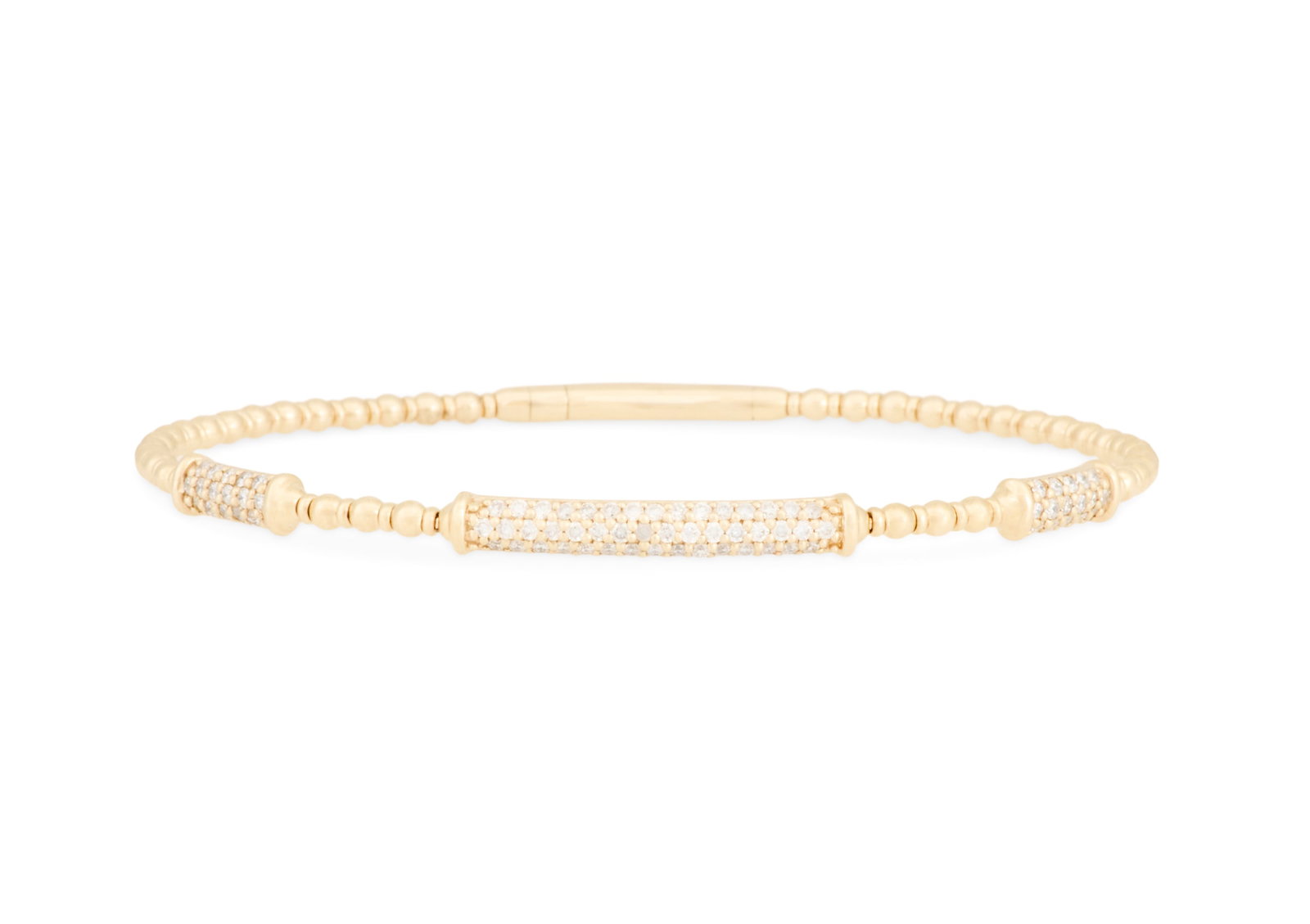 Diamond Bangle Bracelet: Diamond Bangle Bracelet 14k yellow gold, the bracelet mounted with round brilliant-cut diamonds weighing approximately 0.65 carats in total. inside circumference 6-3/4", total weight 6.0 grams