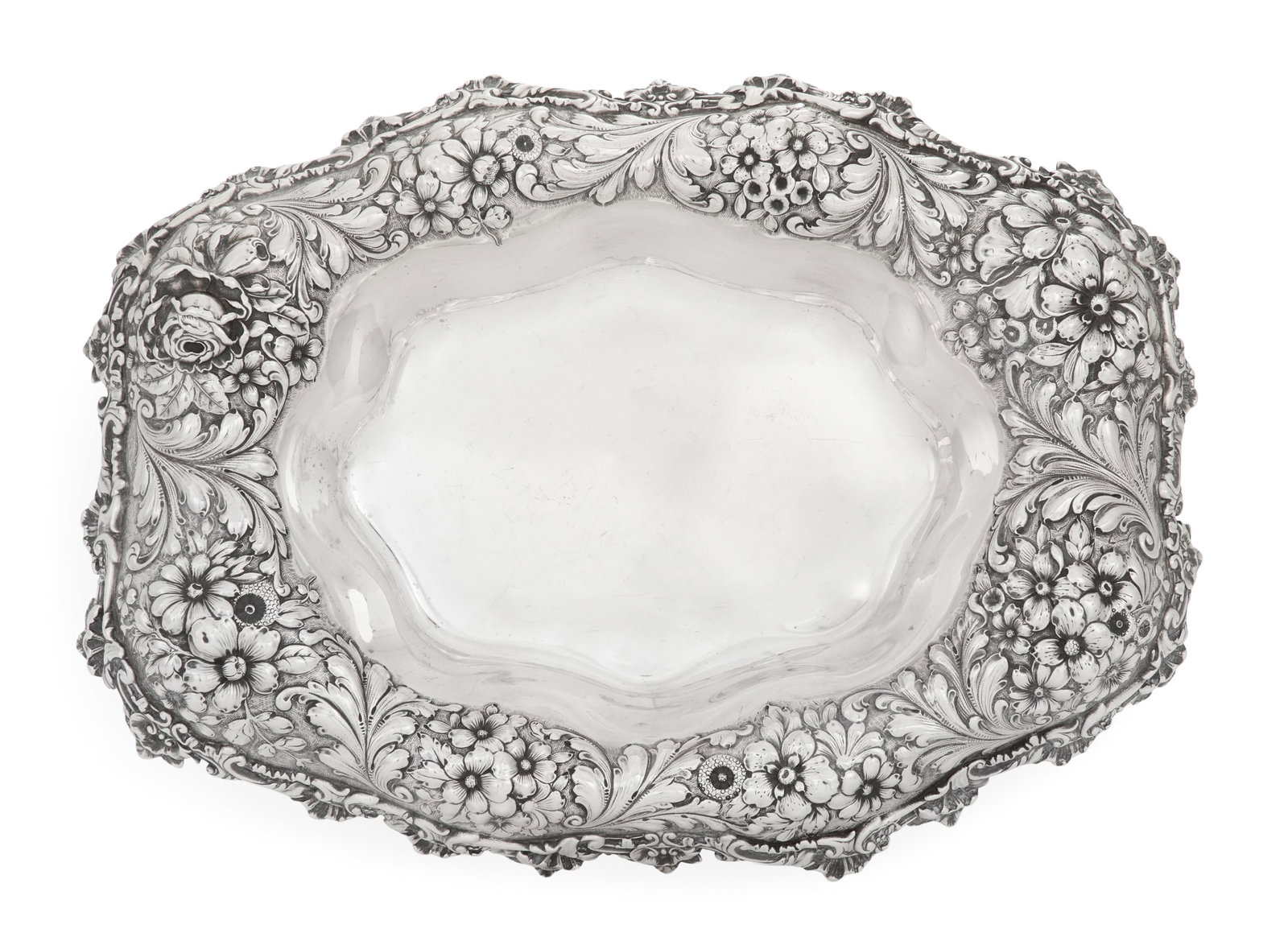 Gorham Sterling Silver Fruit Bowl: Gorham Sterling Silver Fruit Bowl 1892, Providence, Rhode Island, of elongated and rounded hexagonal form, the rim deeply everted and decorated with repousse floral bouquets and acanthus fronds, with 