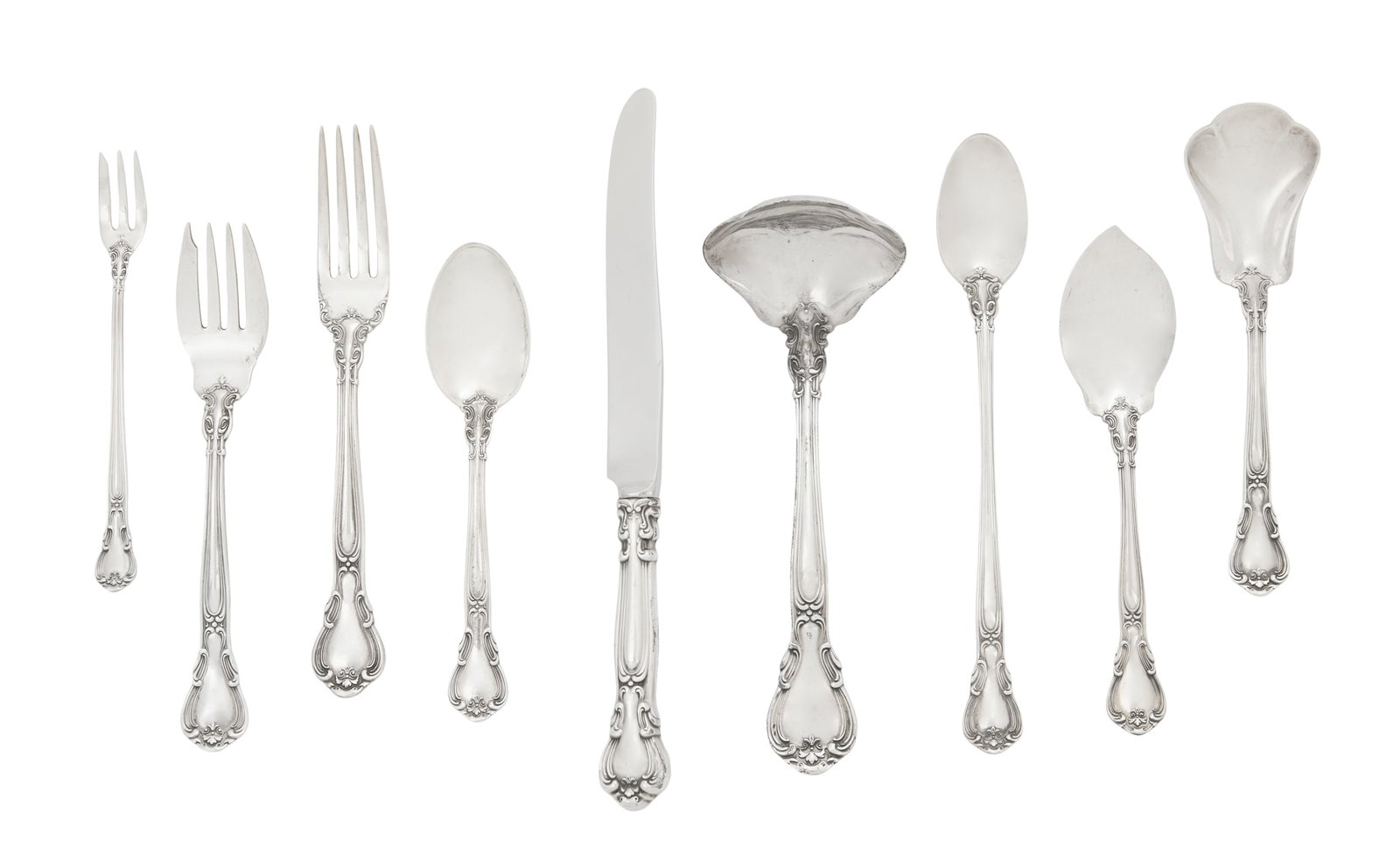 Gorham "Chantilly" Sterling Silver Luncheon Set: Gorham "Chantilly" Sterling Silver Luncheon Set the pattern designed in 1895 by William Christmas Codman (1839-1921), Providence, Rhode Island, including eight six-piece luncheon settings with an addi