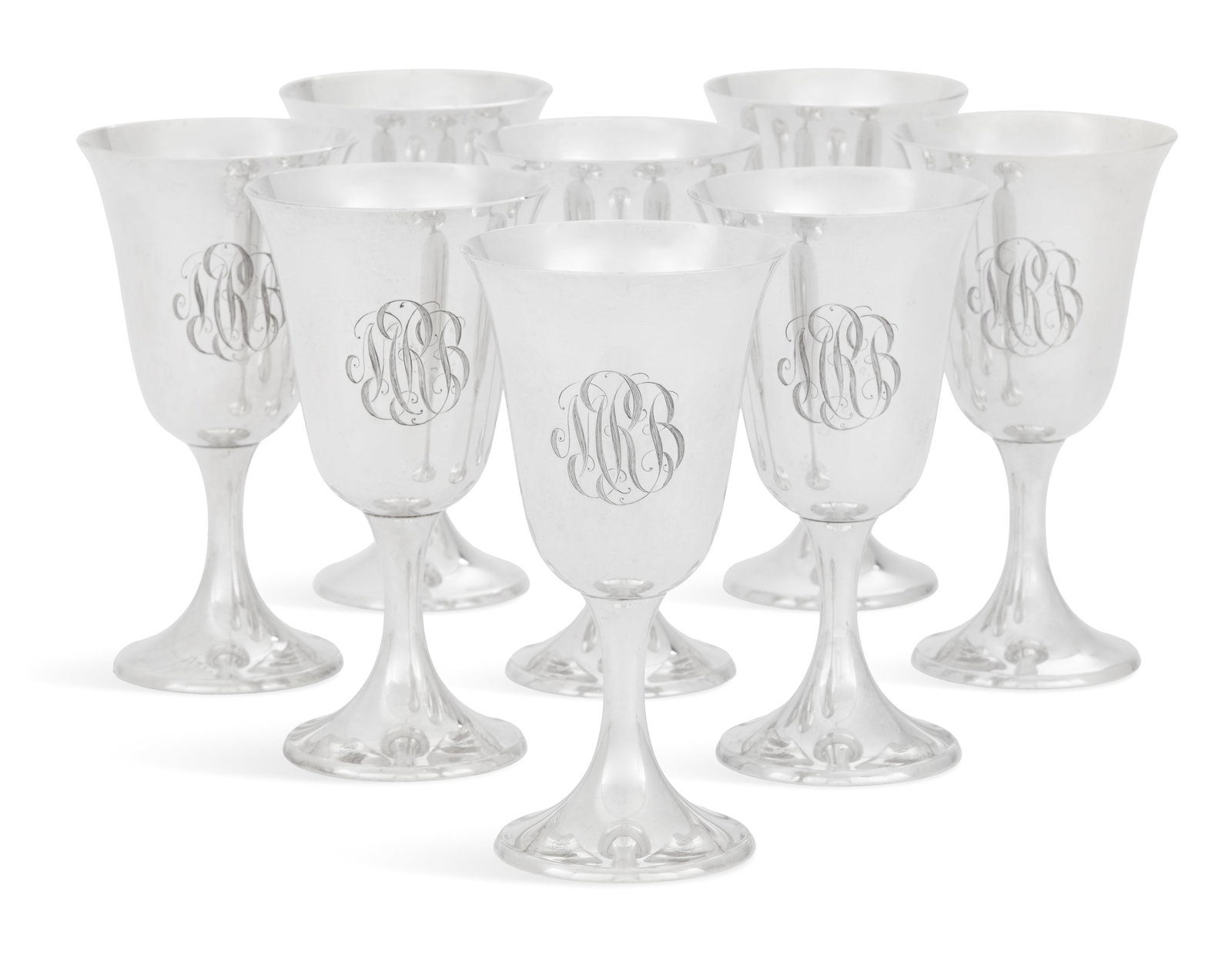 Set of Eight Gorham Sterling Silver Water Goblets: Set of Eight Gorham Sterling Silver Water Goblets mid-20th century, Providence, Rhode Island, pattern 272, with bell-shaped body and trumpeting stem, monogrammed "MRB". h. 6-1/2", dia. 3-1/4"; 46.90 t