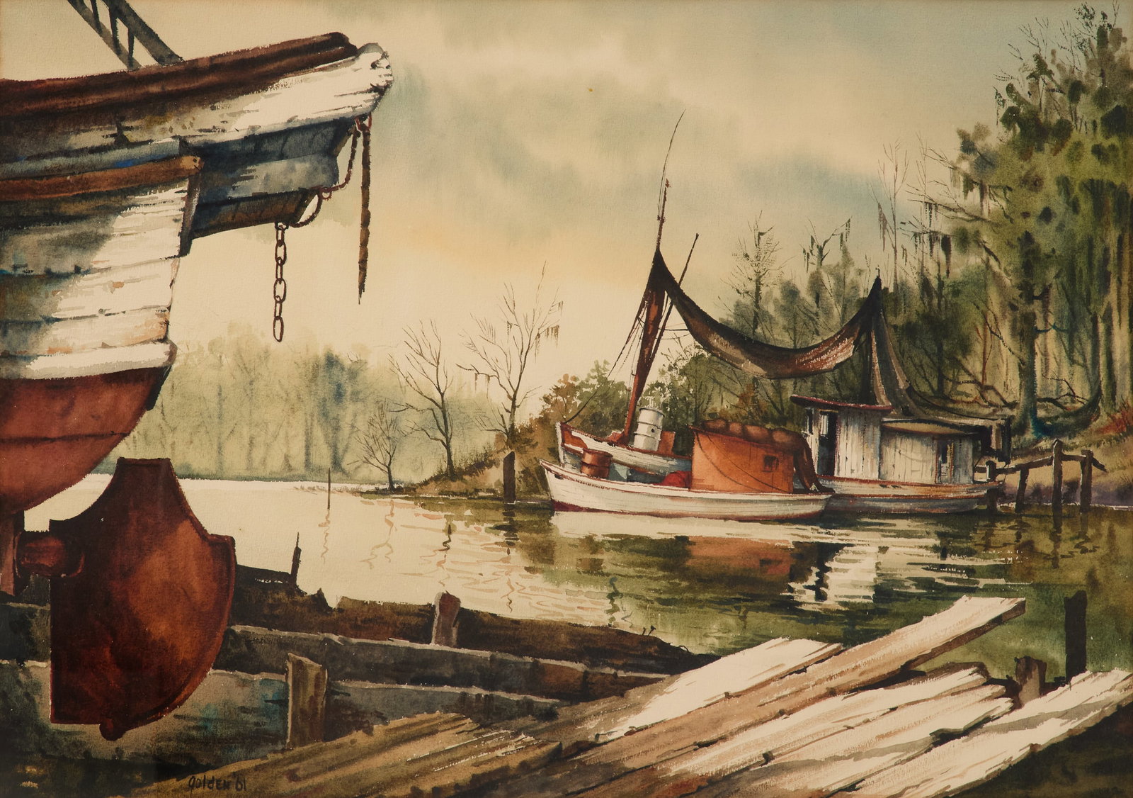 Rolland Harve Golden (US/Louisiana, 1931-2019): Rolland Harve Golden (American/Louisiana, 1931-2019) "Docked Shrimp Boats", 1961 watercolor on paper signed and dated lower left. Matted, glazed and framed. sight 20-1/2" x 28-1/2", framed 28" x 37" P