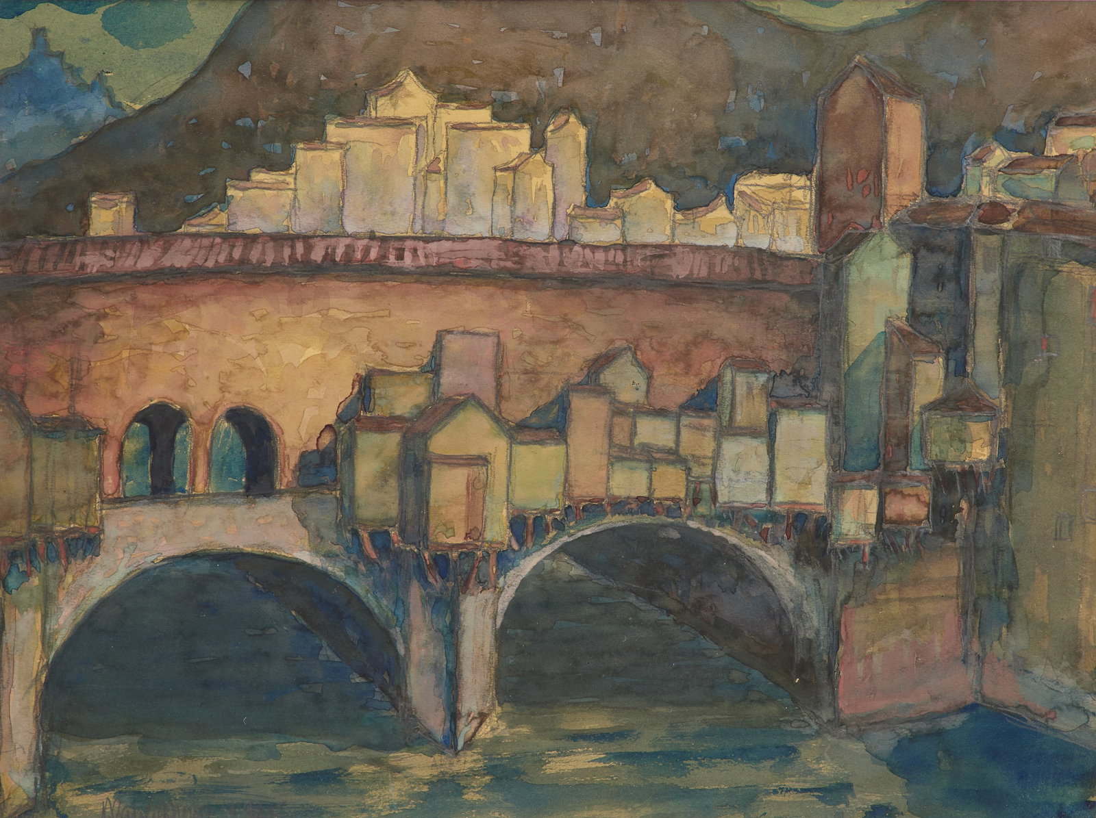 Knute Heldner (Swedish/Louisiana, 1875/77-1952): Knute Heldner (Swedish/Louisiana, 1875/77-1952) "The Bridge", 1925 watercolor and pencil on paper pencil-signed and dated lower left. Matted, glazed and framed. 9" x 12", framed 17-1/2" x 20-1/4" Prov