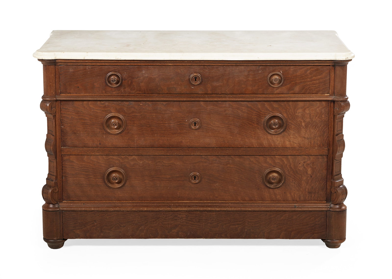 American Renaissance Revival Marble-Top Dresser: Rare American Renaissance Revival Figured Walnut and Marble-Top Dresser third quarter 19th century, bearing the stenciled label of "John Meeks & Son / Manufacturers / 333 & 335 Fourth St. / New York",
