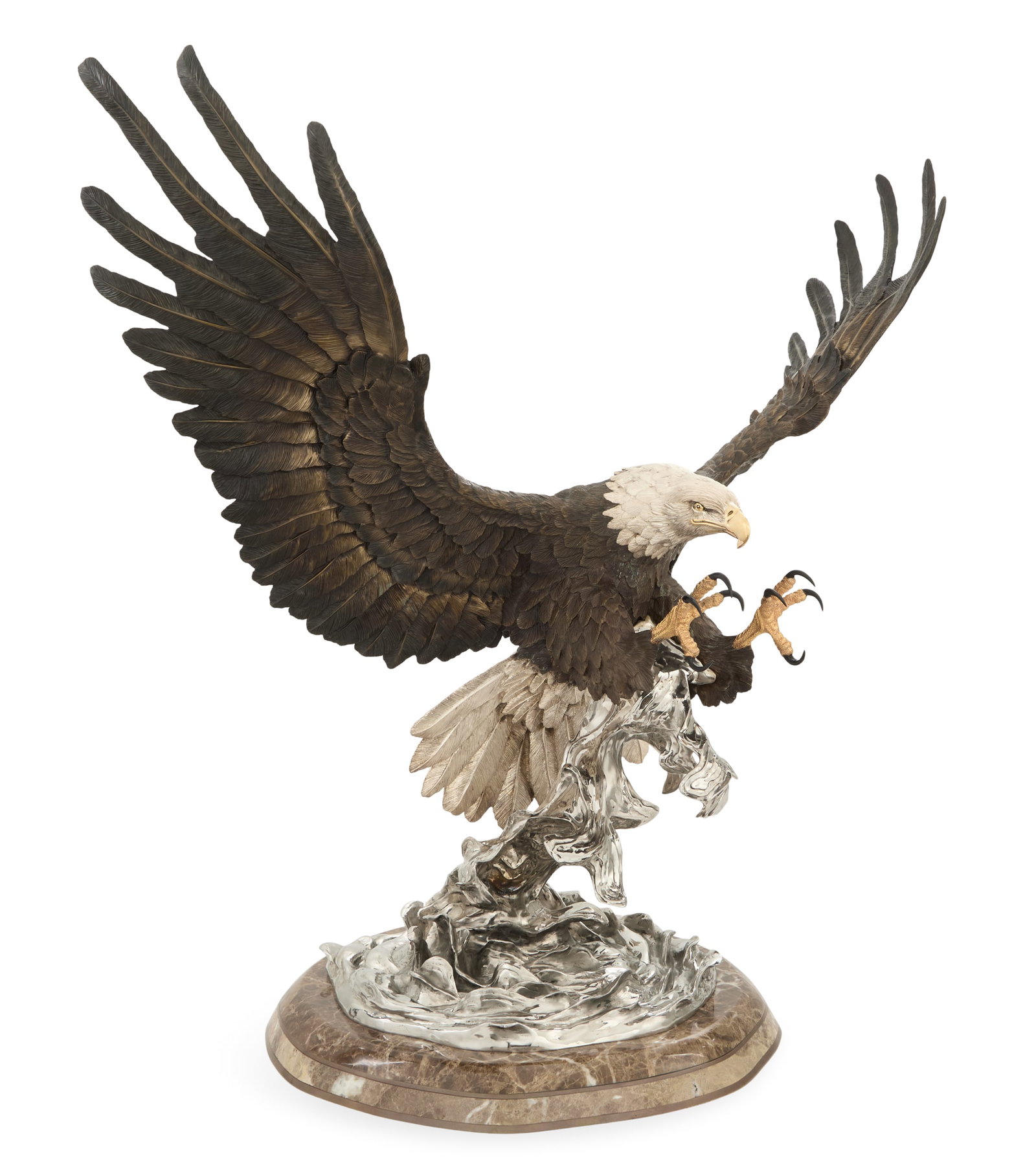 Chester Fields (American, b. 1945): Chester Fields (American, b. 1945) "Attack", 1980 patinated bronze the eagle with a silver-gilt neck and tail, patinated-bronze wings and black talons, supported on chrome waves, stamped signature, da