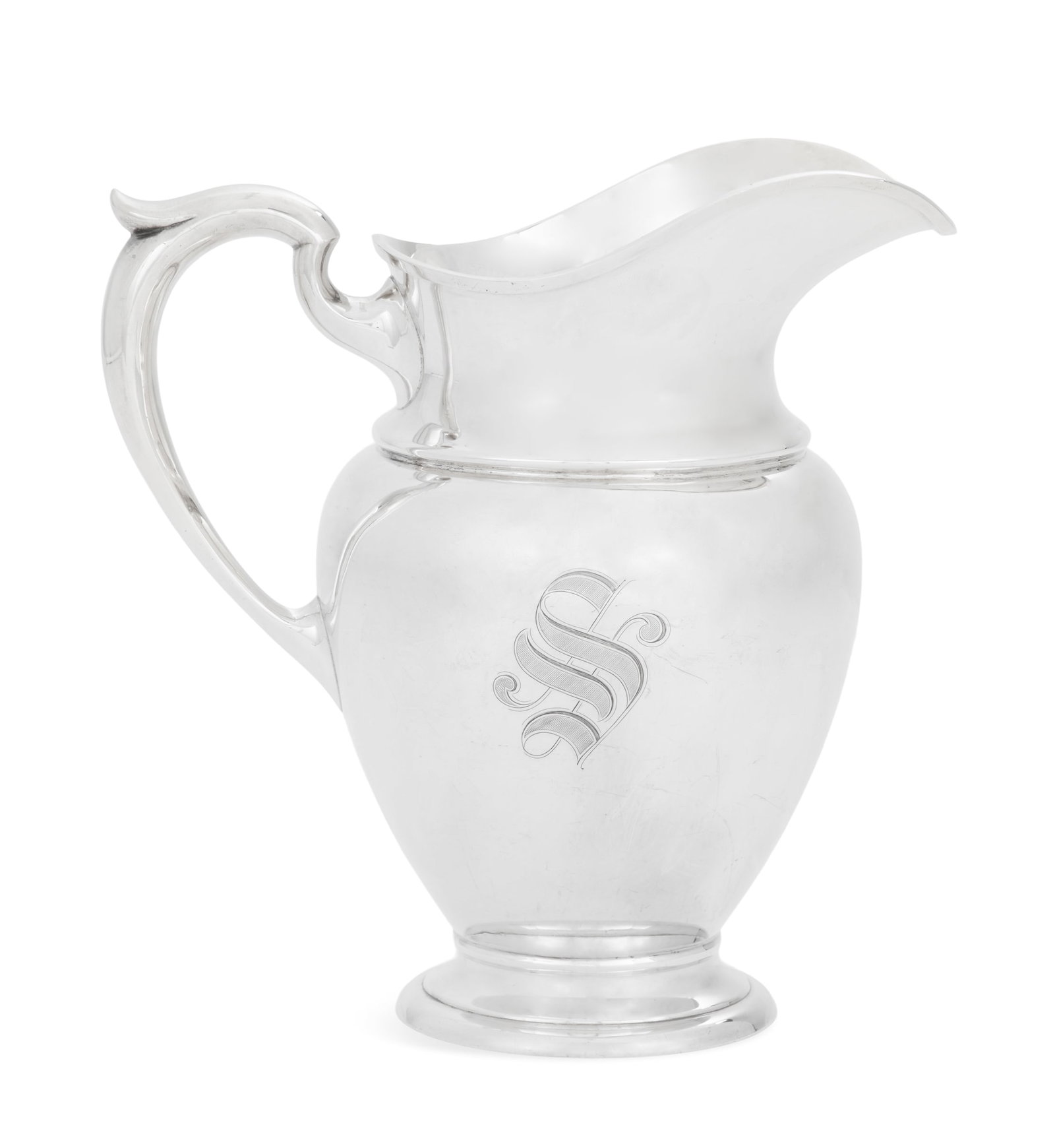 American Sterling Silver Water Pitcher: American Sterling Silver Water Pitcher first quarter 20th century, Heer-Schofield Co., Baltimore, Maryland, the ovoid body with waisted collar spout, crested handle and raised on a molded foot ring, m