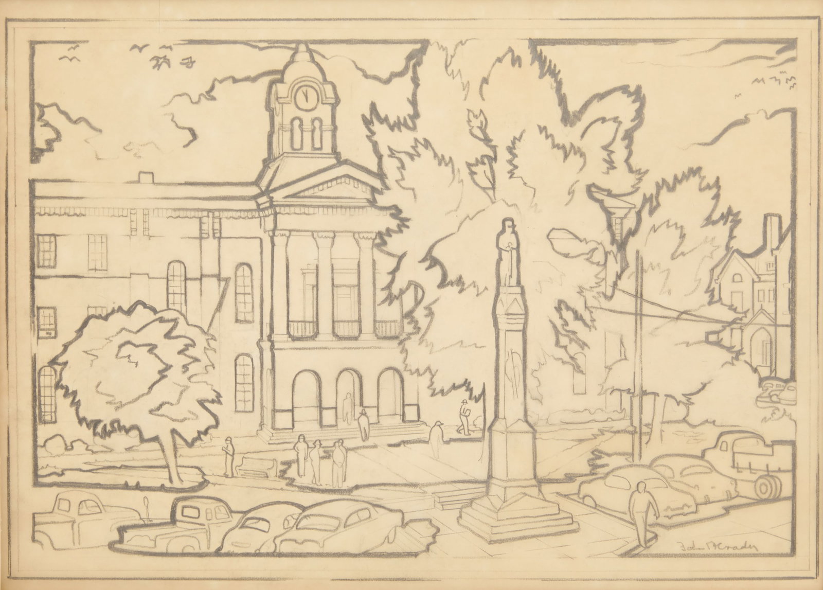 John McCrady (US/Mississippi, 1911-1968): John McCrady (American/Mississippi, 1911-1968) "Oxford Square: Court House and Silent Sentinel Sculpture" pencil on paper signed lower right. Unframed. sheet 13" x 18" Provenance: Estate of John McCra
