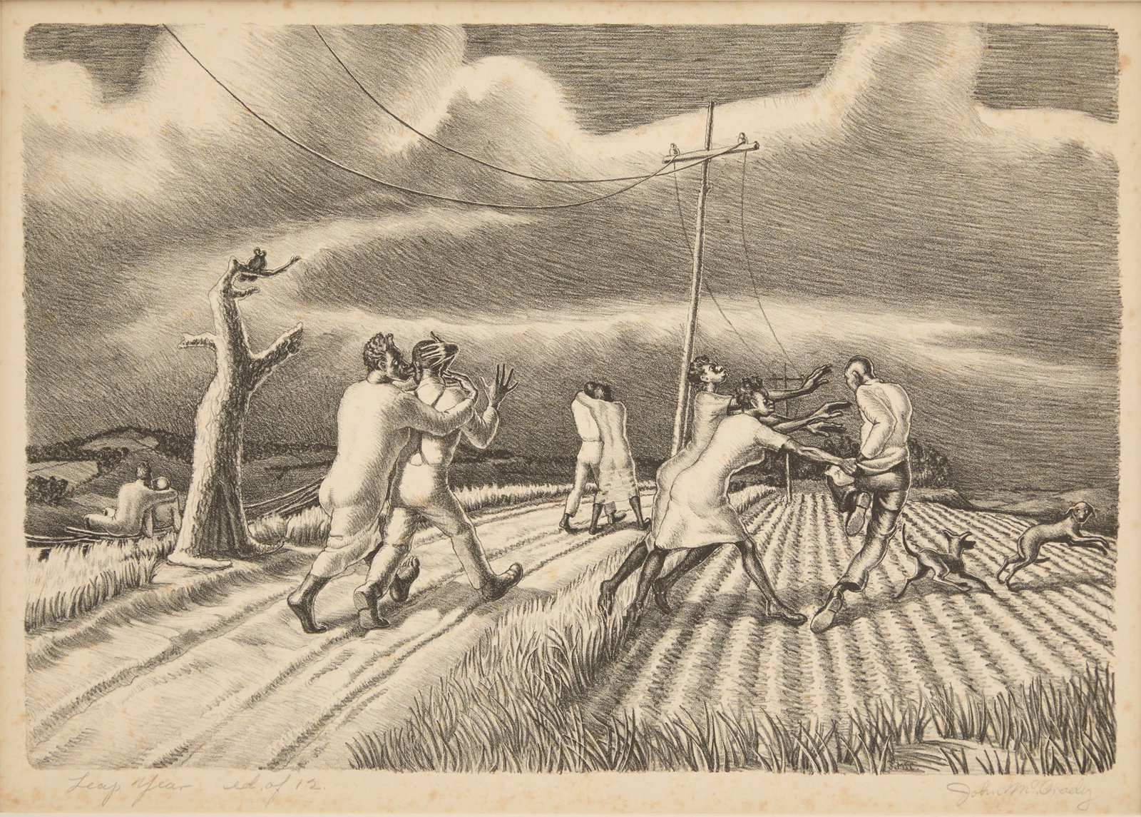 John McCrady (US/Mississippi, 1911-1968): John McCrady (American/Mississippi, 1911-1968) "Leap Year", ca. 1937 lithograph on paper pencil-signed, titled and numbered "ed. of 12". Matted and unframed. image 8-1/2" x 12-1/2", sheet 12" x 16" Pr