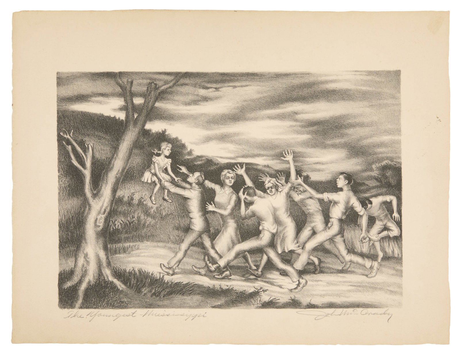 John McCrady (US/Mississippi, 1911-1968): John McCrady (American/Mississippi, 1911-1968) "The Youngest Mississippi (Mississippi Family)", 1946 lithograph on paper pencil-signed and titled lower margin. Unframed. image 9" x 13", sheet 12-1/2" 