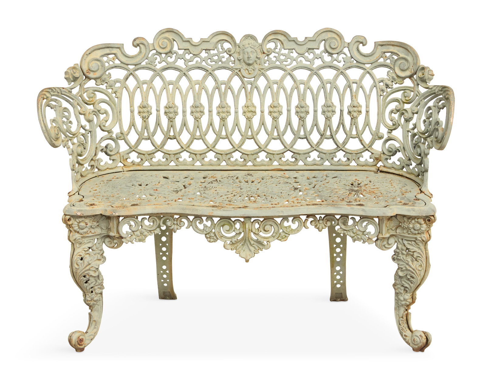 "Renaissance Scroll" Cast-Iron Garden Bench: "Renaissance Scroll" Cast-Iron Garden Bench ca. 1900, the scrolled crest with a masque in the center, over scrolled arms and backs molded with intersecting ovals, the seat with pierced roundels, over