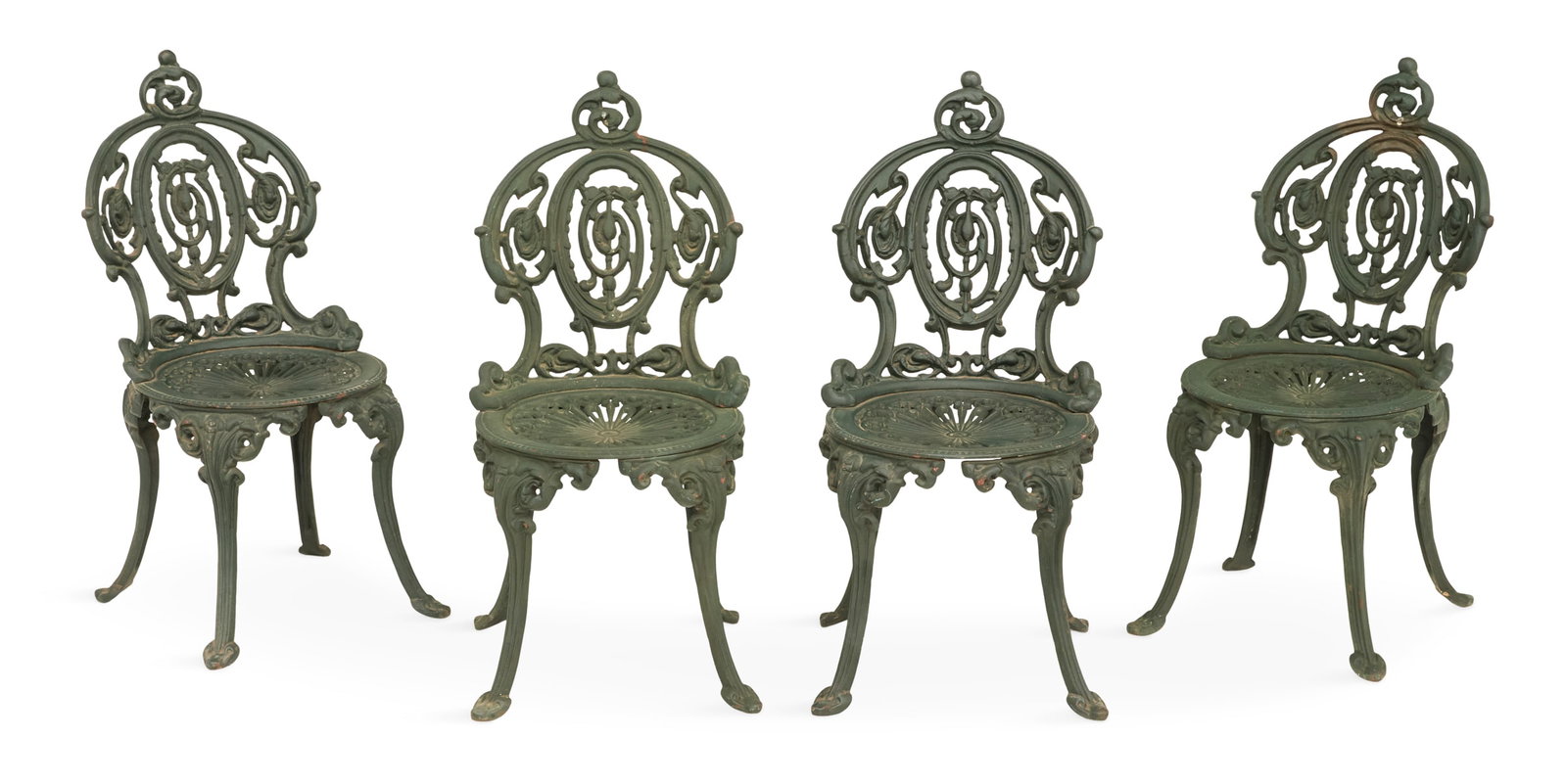 Set of Four Cast-Iron "Versailles" Pattern Chairs: Set of Four Cast-Iron "Versailles" Pattern Chairs early 20th century, likely Atlanta Stove Works, the rococo-style chairs with balloon backs, pierced seats and molded cabriole legs, with an old dark